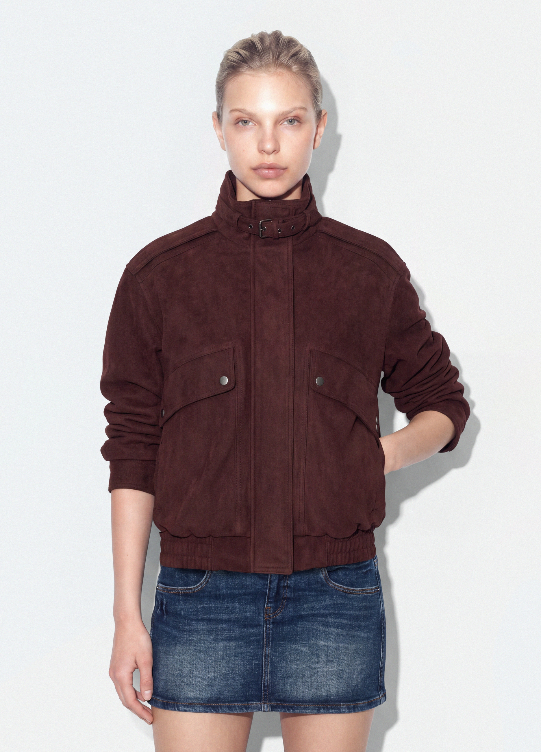 B.ANGEL, Giacca Marrone In Tessuto Elasticizzato A Collo Alto Regular Fit, Donna, Marrone, Taglia: L