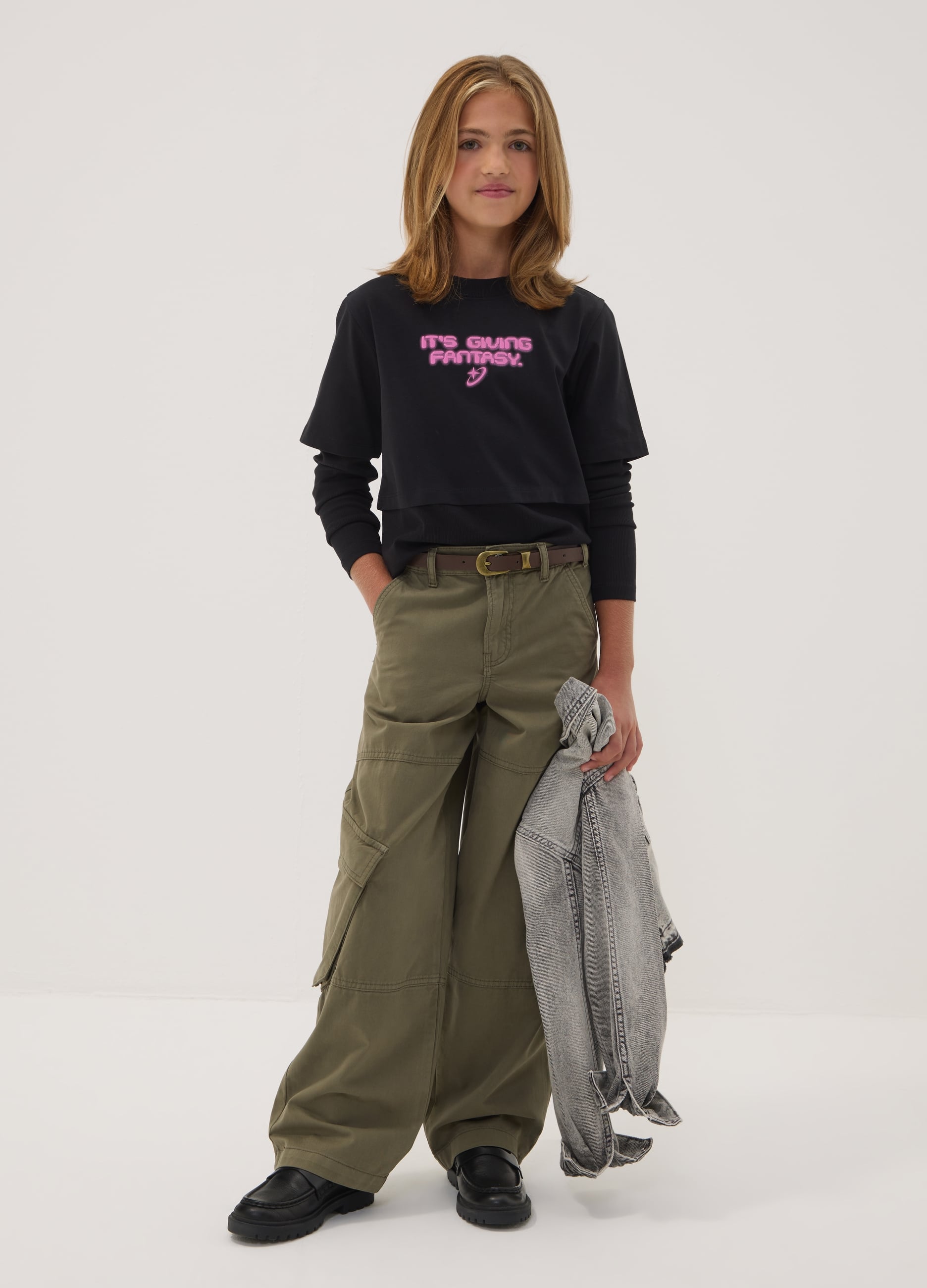 OVS KIDS, Pantaloni Cargo Verdi In Puro Cotone Straight Fit Per Ragazza, Bambina, Verde, Taglia: 13-14