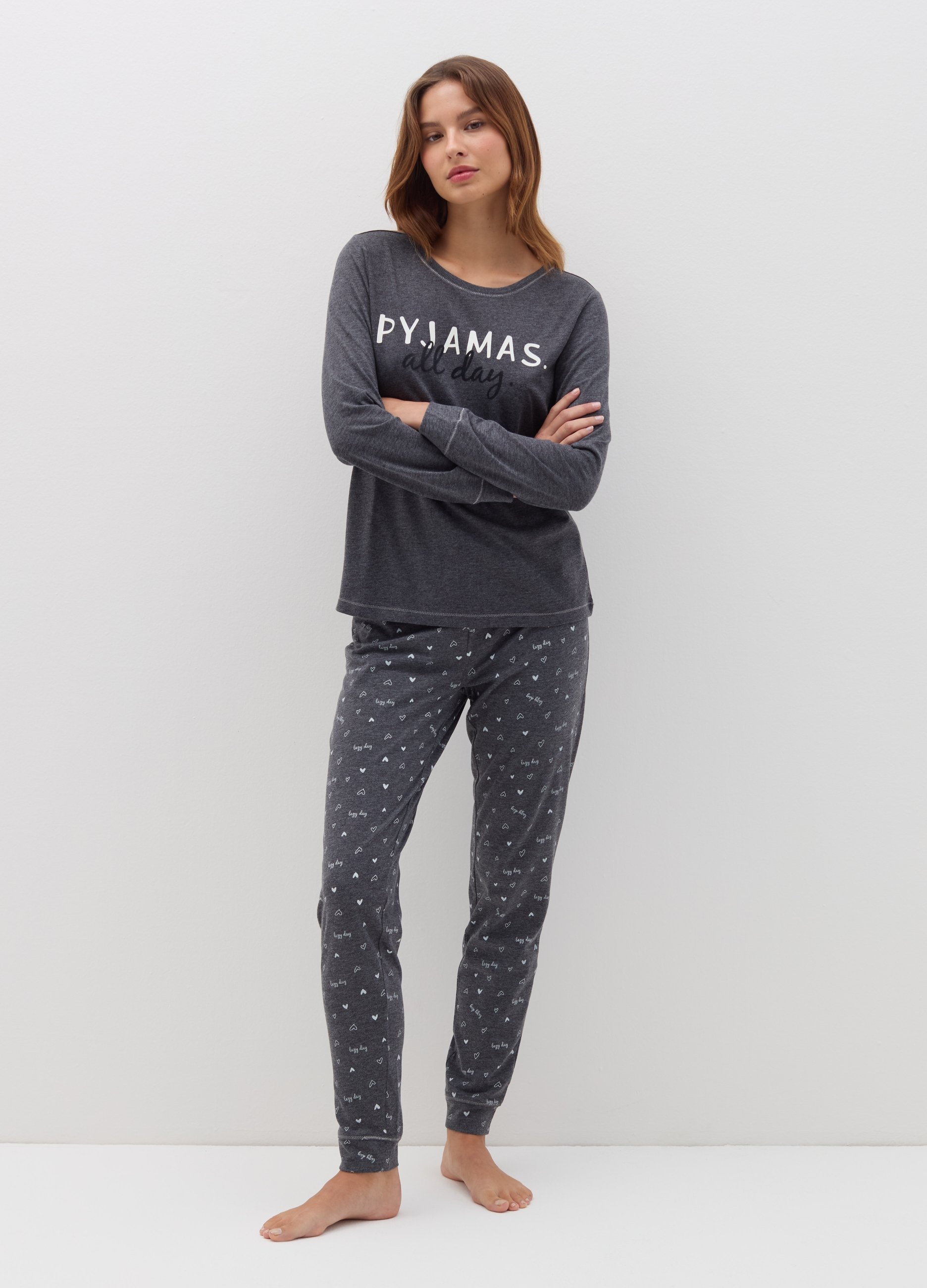 OVS, Pigiama Lungo Stampa "pyjamas All Day", Donna, Grigio, Taglia: L