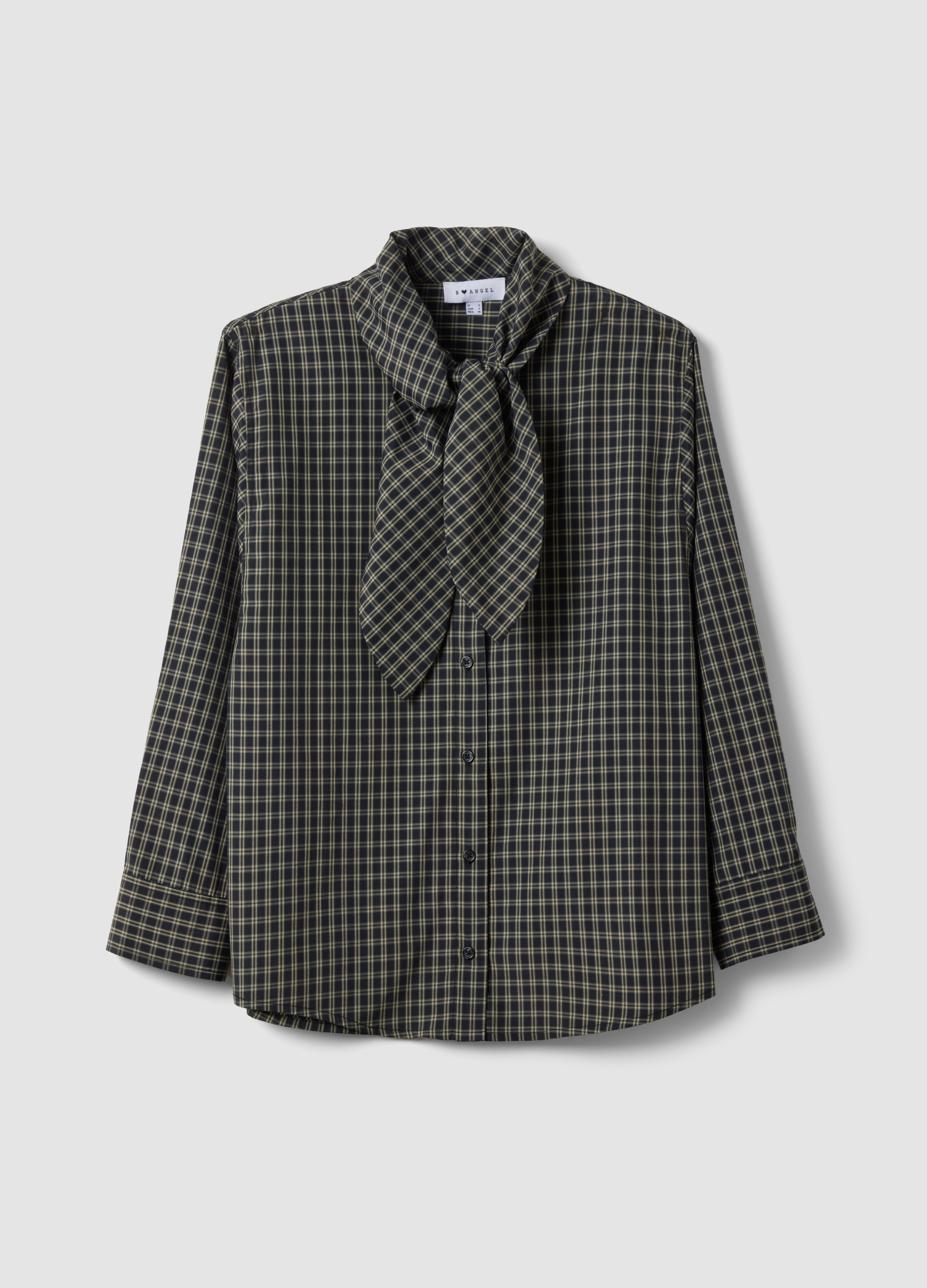 B.ANGEL, Camicia Over Nera In Misto Cotone A Quadri Con Fiocco, Donna, Nero, Taglia: M
