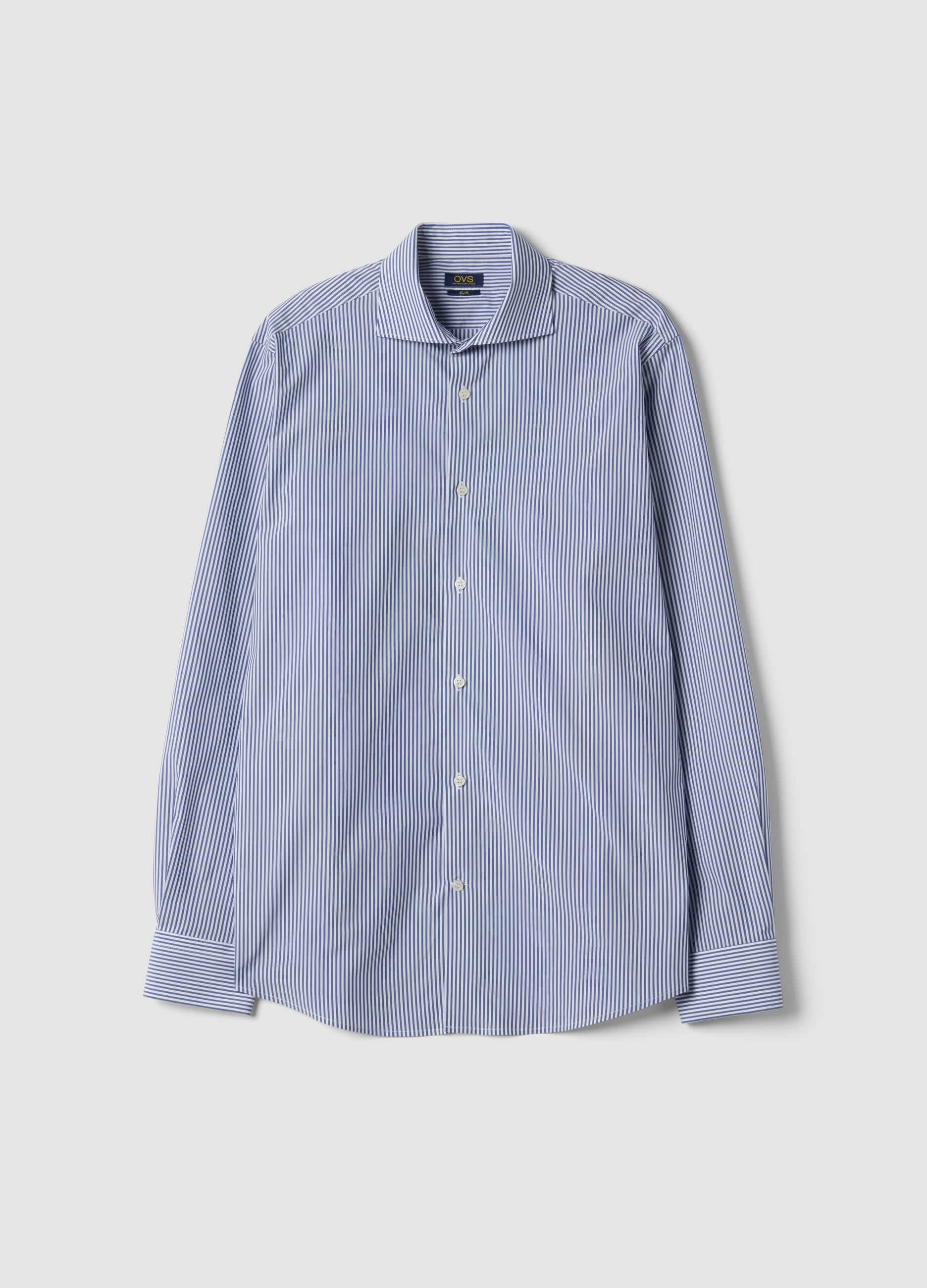 OVS, Camicia Blu A Righe In Misto Lyocell Con Collo Francese Easy Iron, Uomo, Blu, Taglia: 44