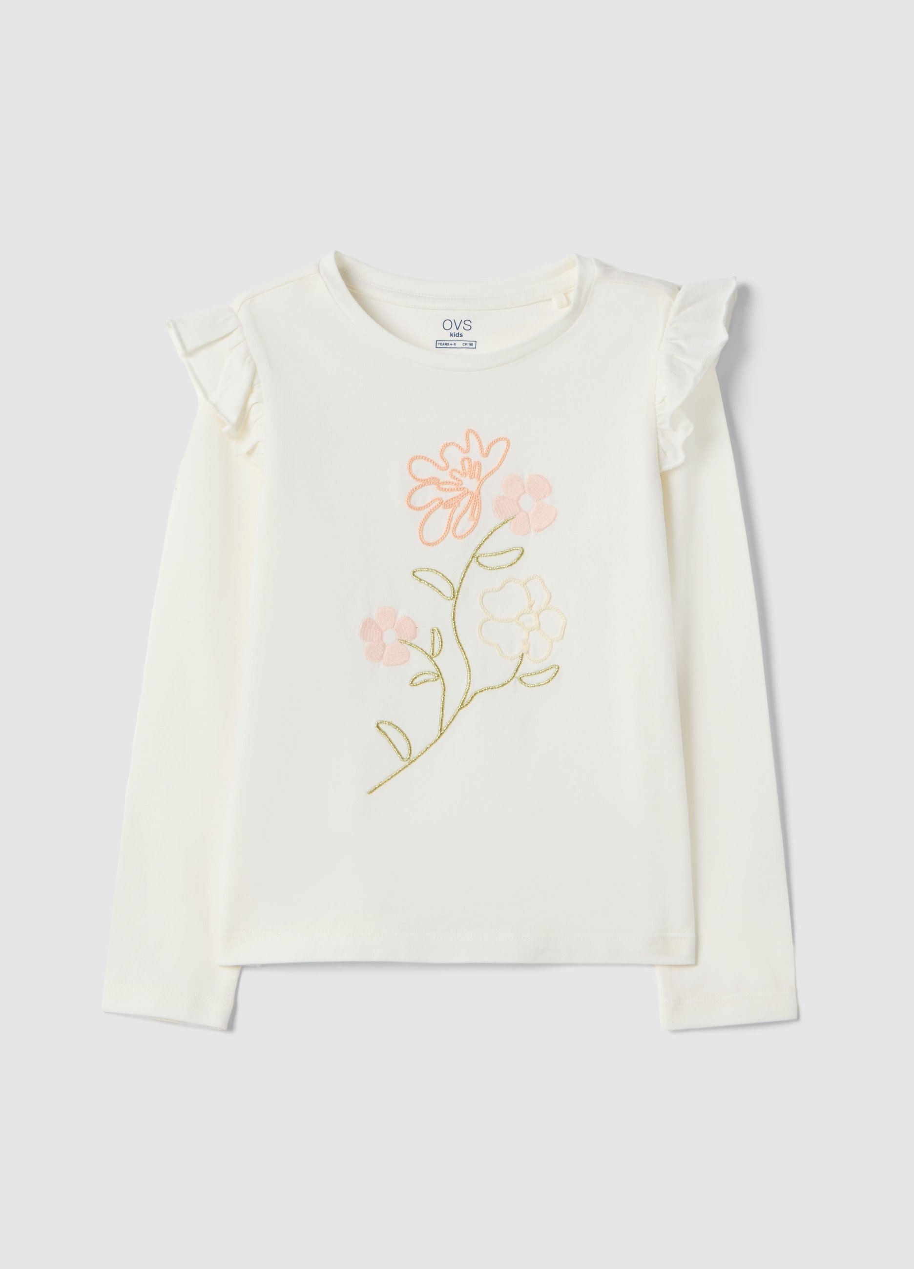 OVS KIDS, Camiseta Blanca De Algodón Elástico Para Niña Con Bordado Floral, Niña, Blanco óptico, Talla: 3-4