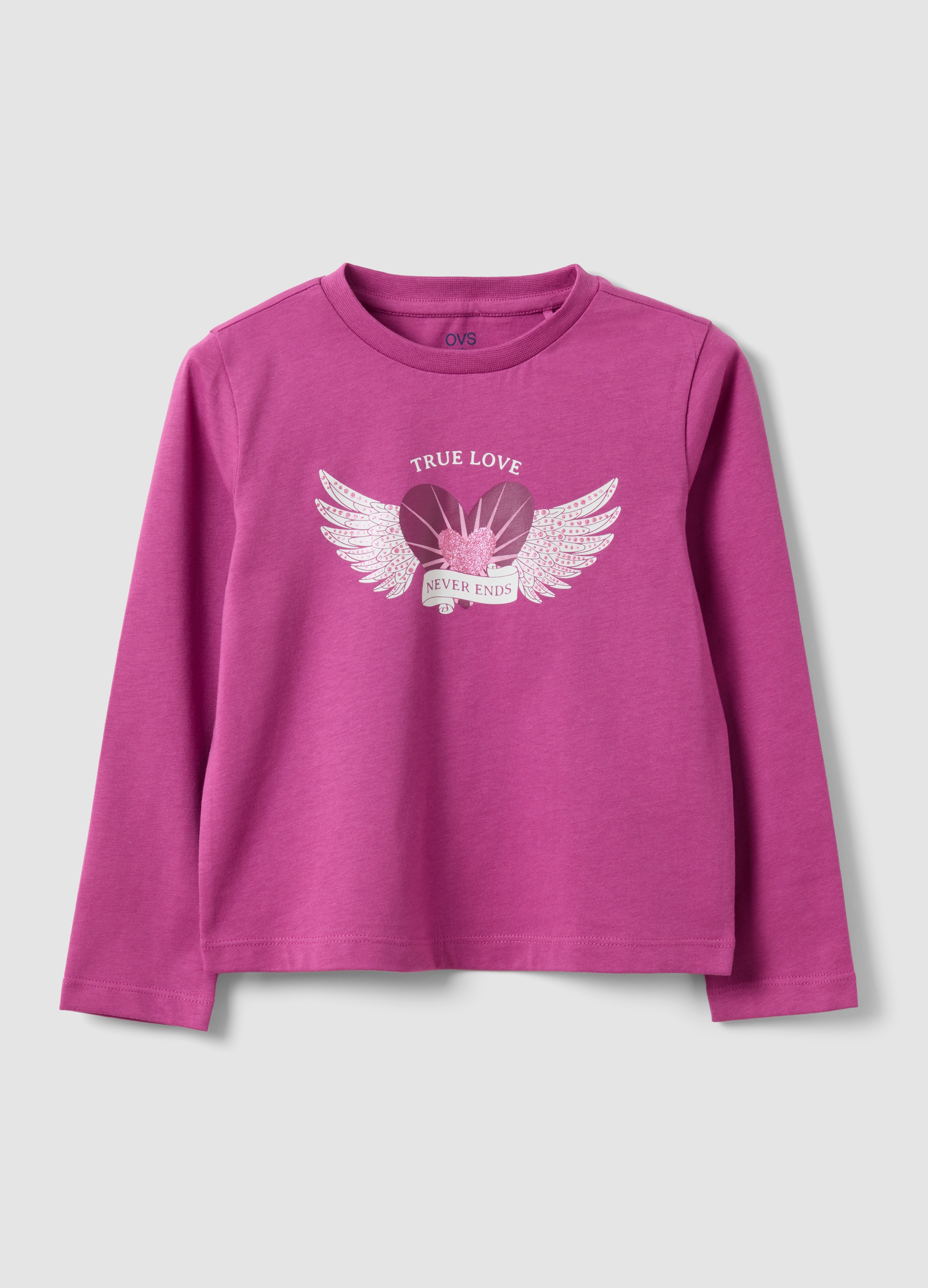 OVS KIDS, T-shirt Viola In Puro Cotone Organico Con Stampa Cuore E Ali Per Bambina, Viola, Taglia: 8-9