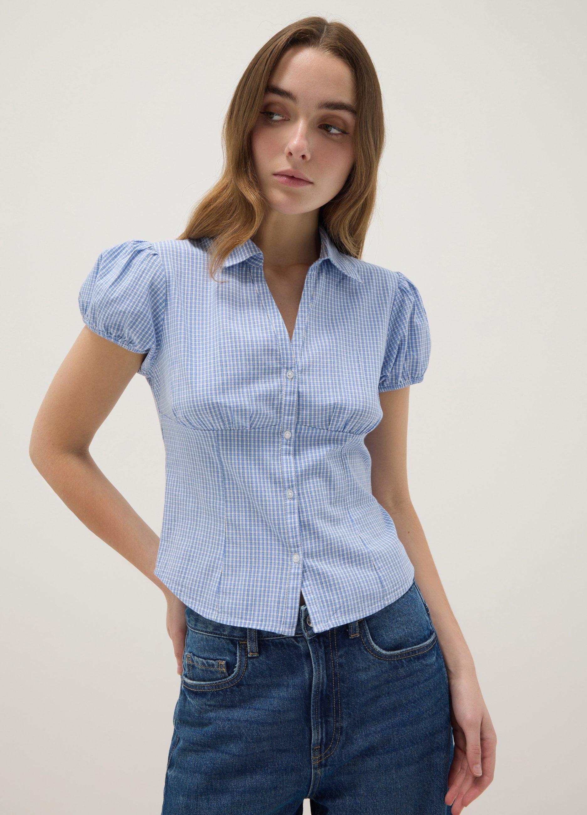 B.ANGEL, Camisa De Algodón Elástico A Cuadros Multicolores Ajuste Regular, Mujer, Blanco/azul claro, Talla: 38