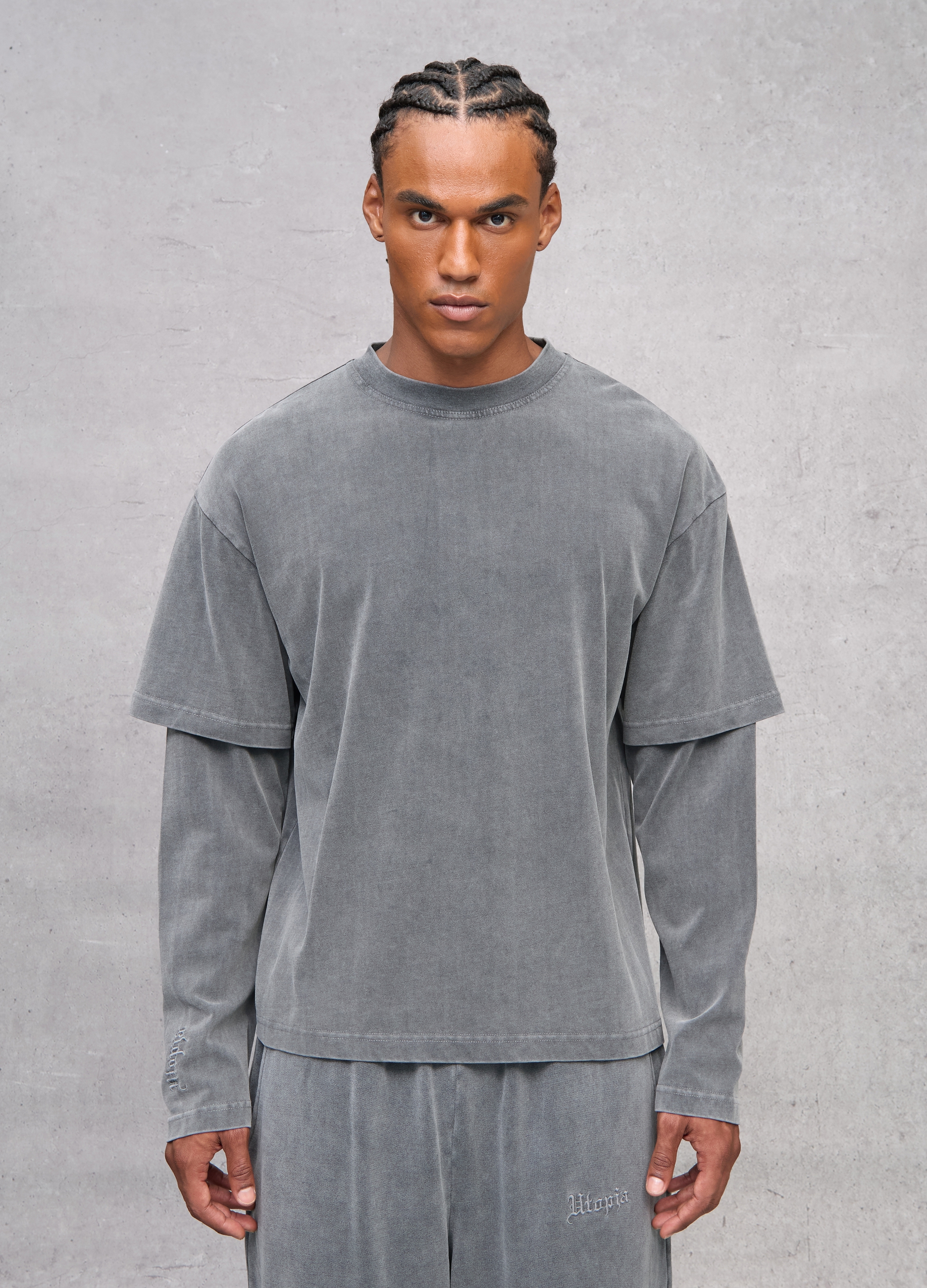 UTOPJA, Camiseta De Manga Larga Doble Capa Vintage Gris, Hombre, Gris pizarra, Talla: M