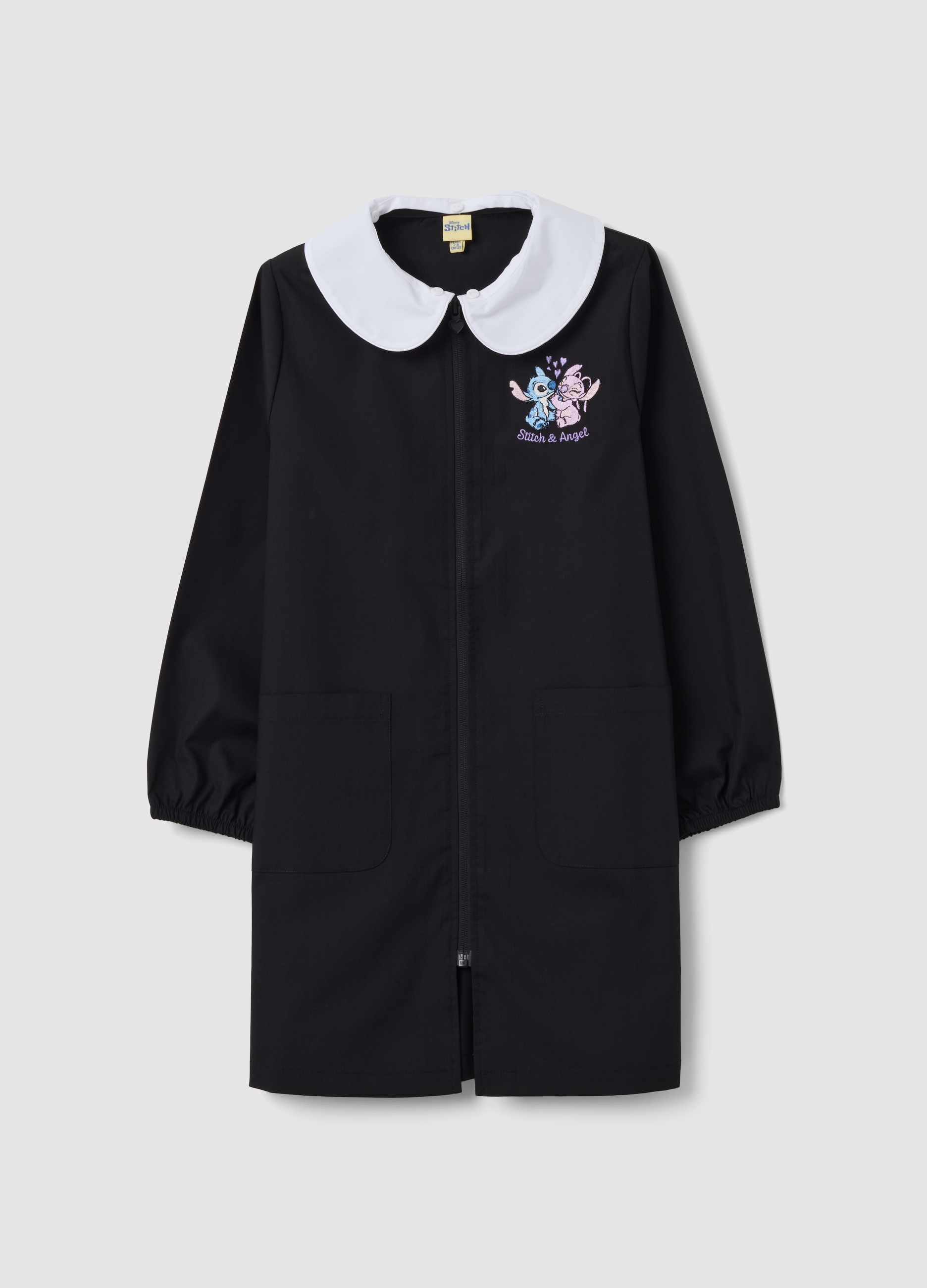 DISNEY, Grembiule Nero Con Zip E Colletto Bianco Ricamo Stitch Per Scuola, Bambina, Nero, Taglia: 5-6