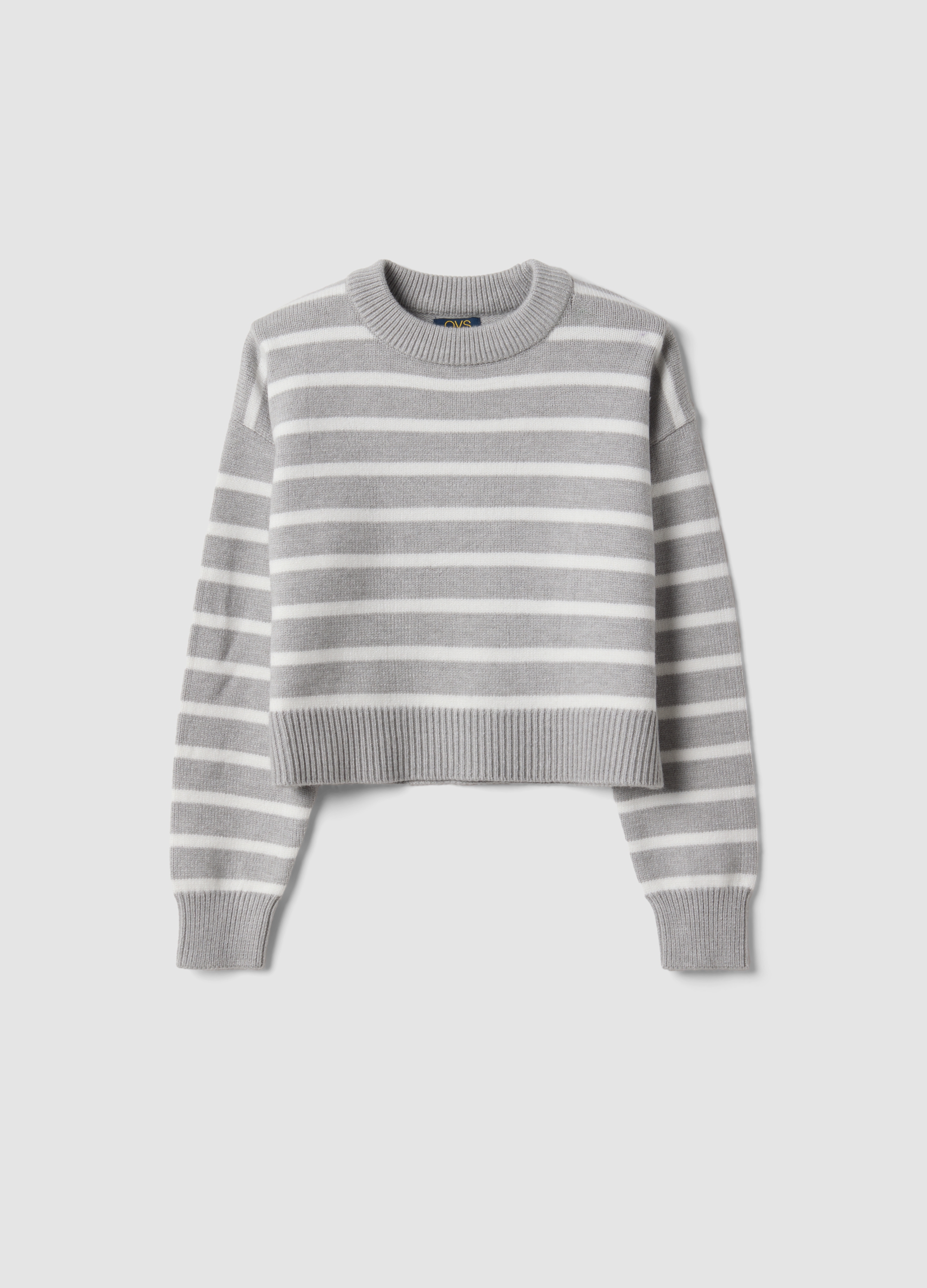 OVS KIDS, Maglia Grigia In Misto Viscosa A Righe Con Girocollo, Bambina, Grigio, Taglia: 11-12