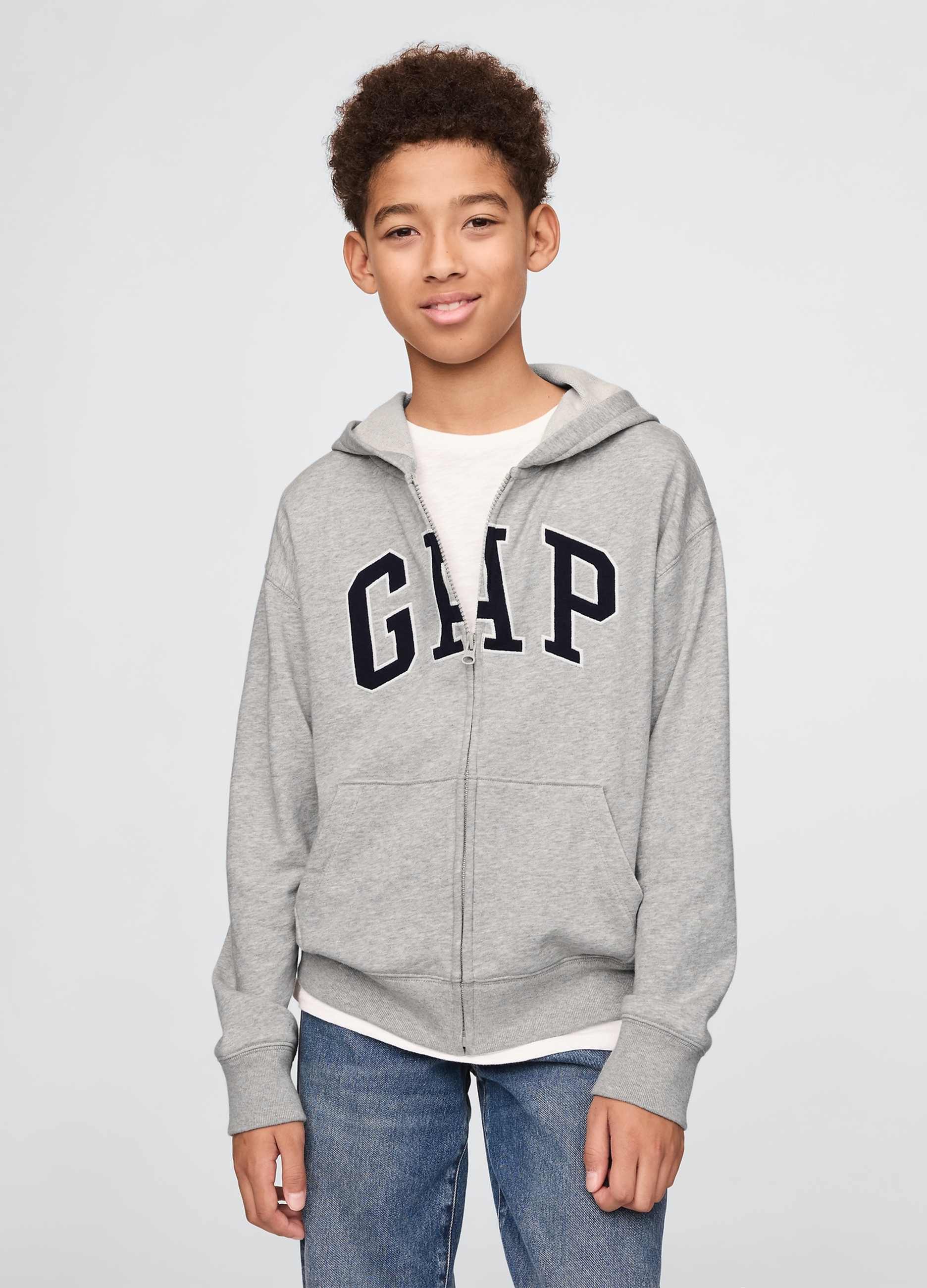 GAP KIDS, Felpa Con Logo Gap, Cappuccio E Full Zip In Misto Cotone, Bambino, Grigio, Taglia: L/137-145