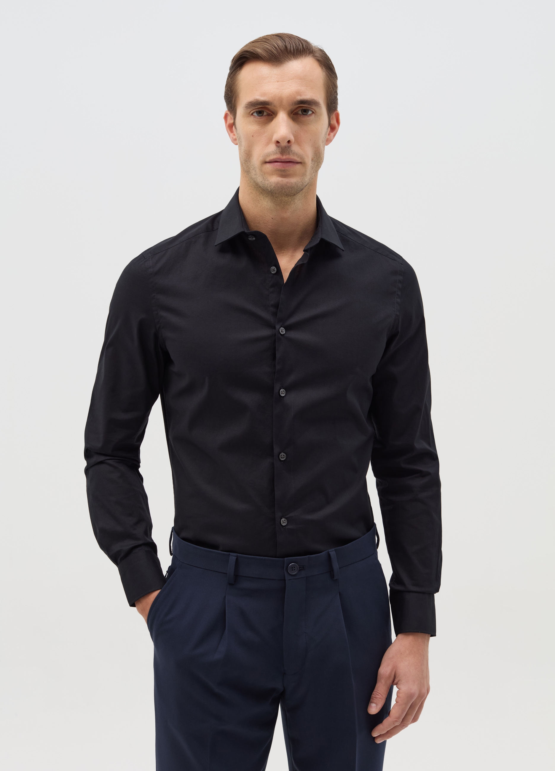 OVS, Camicia Slim Fit In Cotone Stretch, Uomo, Nero, Taglia: 38