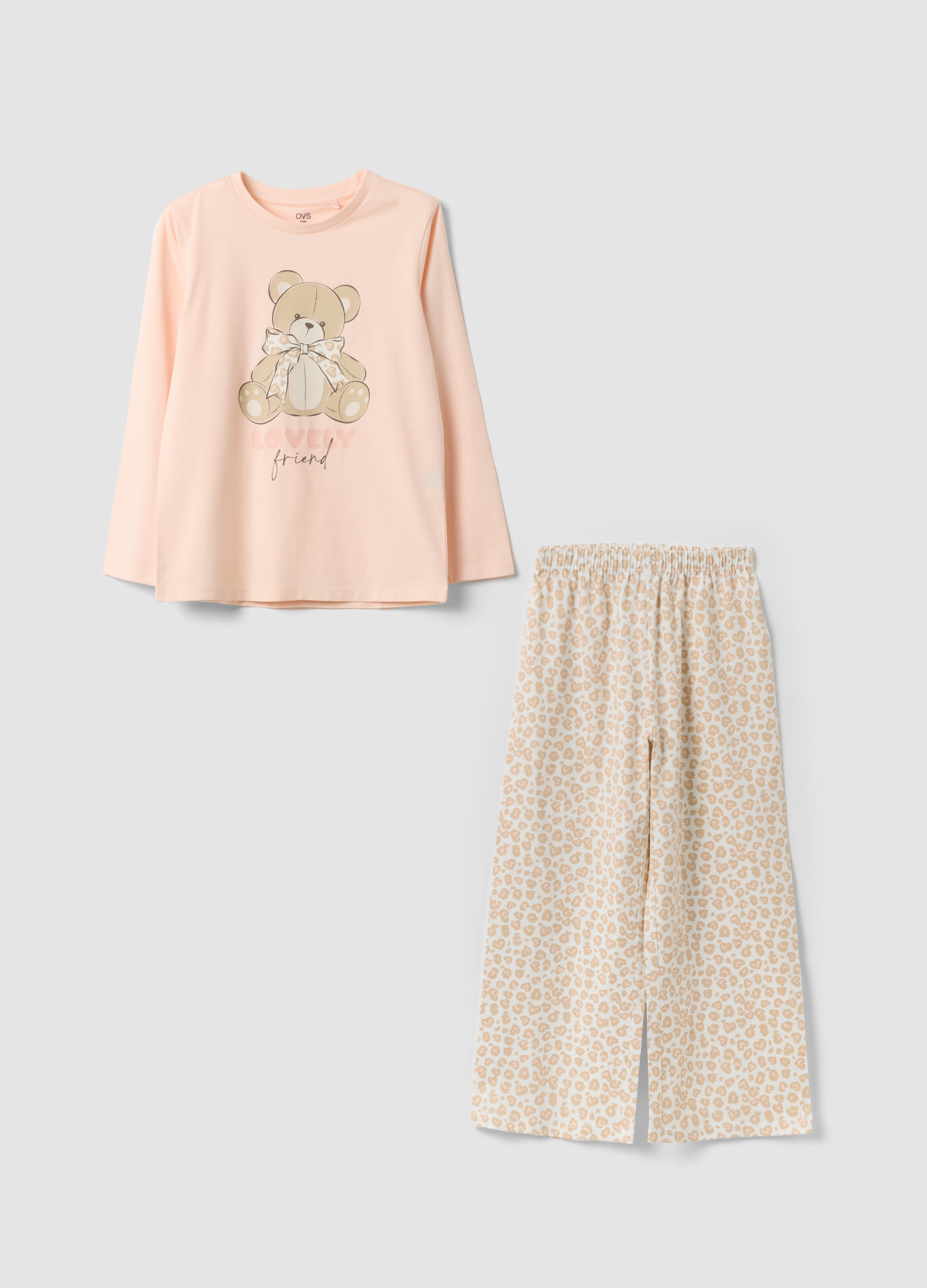 OVS KIDS, Pigiama Rosa In Puro Cotone Organico Con Stampa E Pantaloni Fantasia, Bambina, Rosa, Taglia: 6-7