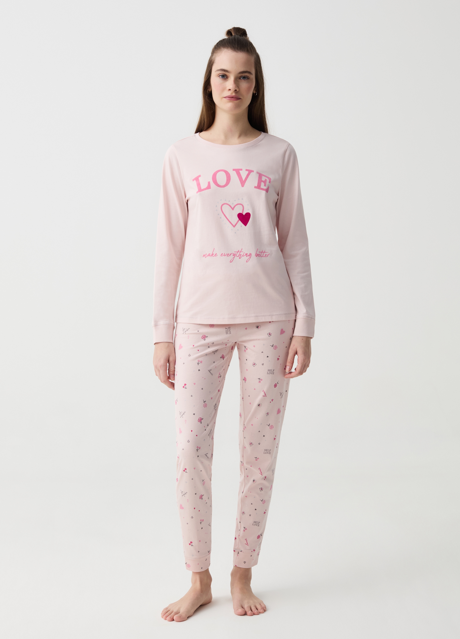 OVS , Pigiama In Cotone Bio Con Stampa Amore, Donna, Rosa, Taglia: S