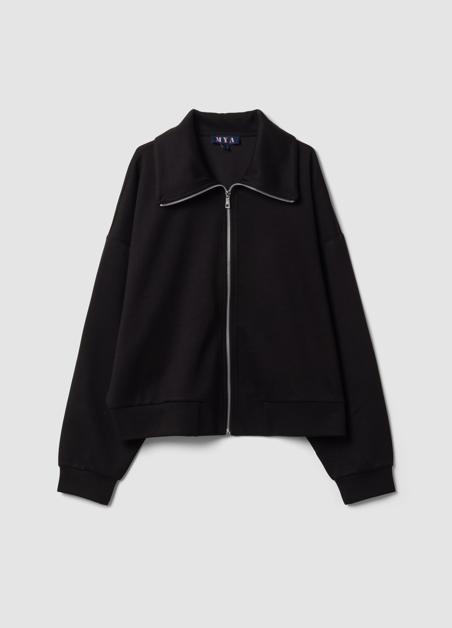MYA, Felpa Full Zip Nera In Viscosa Elasticizzata Con Colletto, Donna, Nero, Taglia: L
