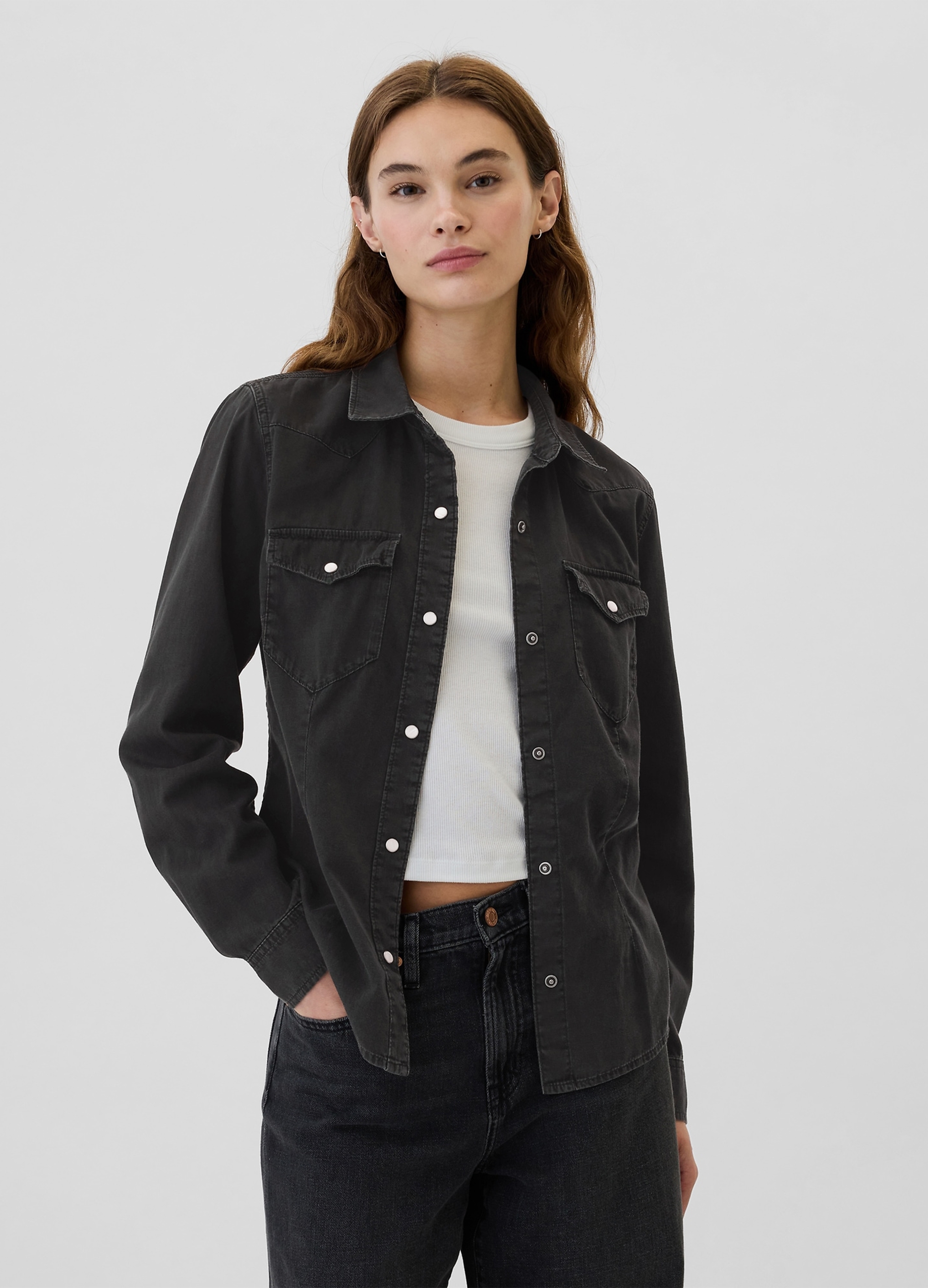 GAP, Camicia Western In Denim Con Bottoni Perlati, Donna, Nero, Taglia: M