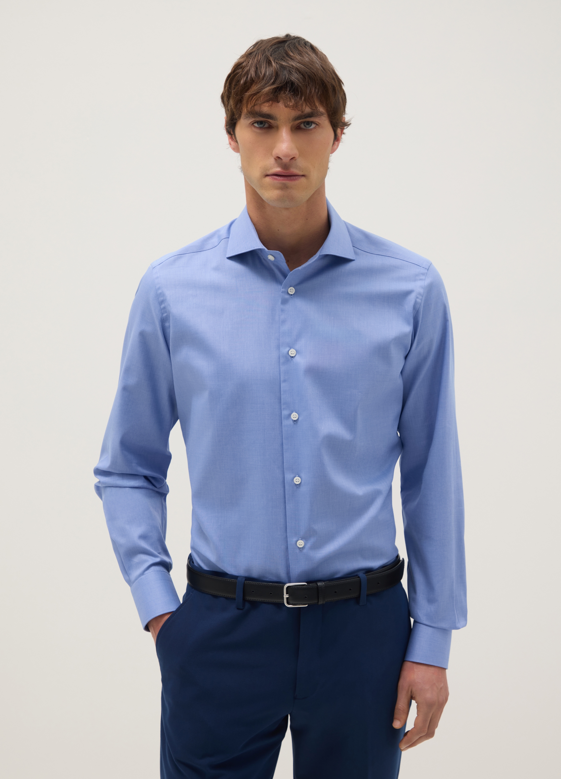Camisa Azul Claro De Puro Algodón Ajuste Slim, Hombre, Azul Azur, Talla: 42