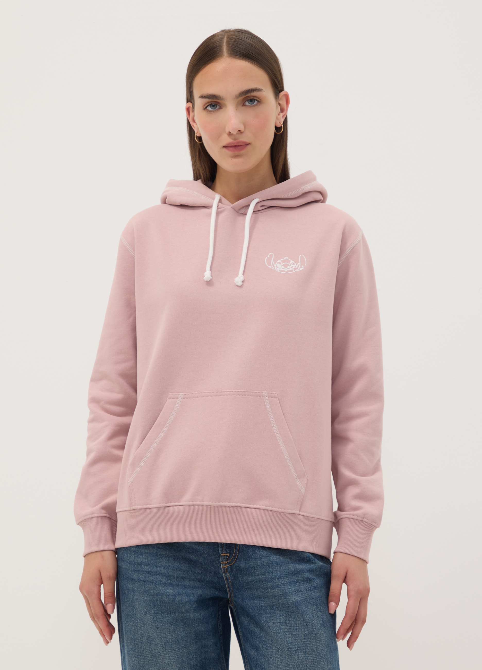 DISNEY, Felpa Rosa Con Cappuccio In Puro Cotone Con Stampa Lilo & Stitch, Unisex, Rosa, Taglia: XS