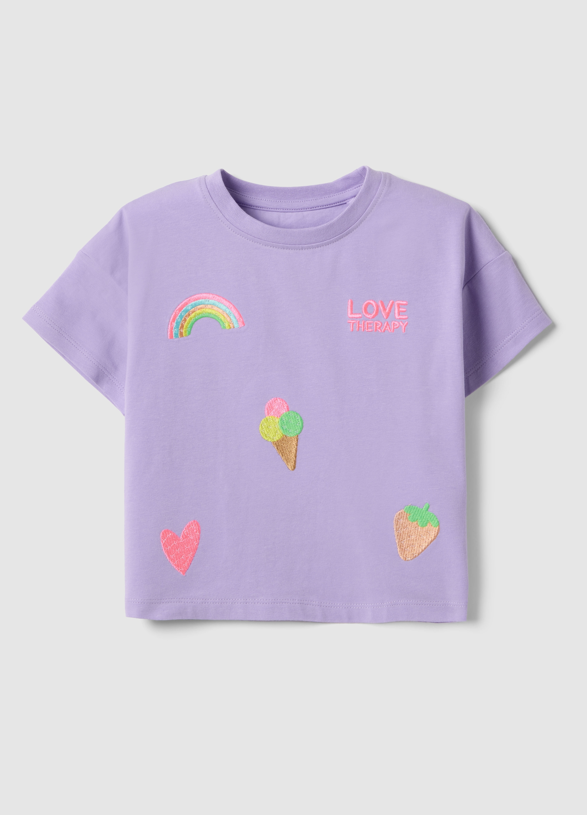 LOVE THERAPY, Camiseta Violeta De Algodón Elástico Para Niña, Ajuste Regular Con Bordados, Niña, Lila claro, Talla: 7-8