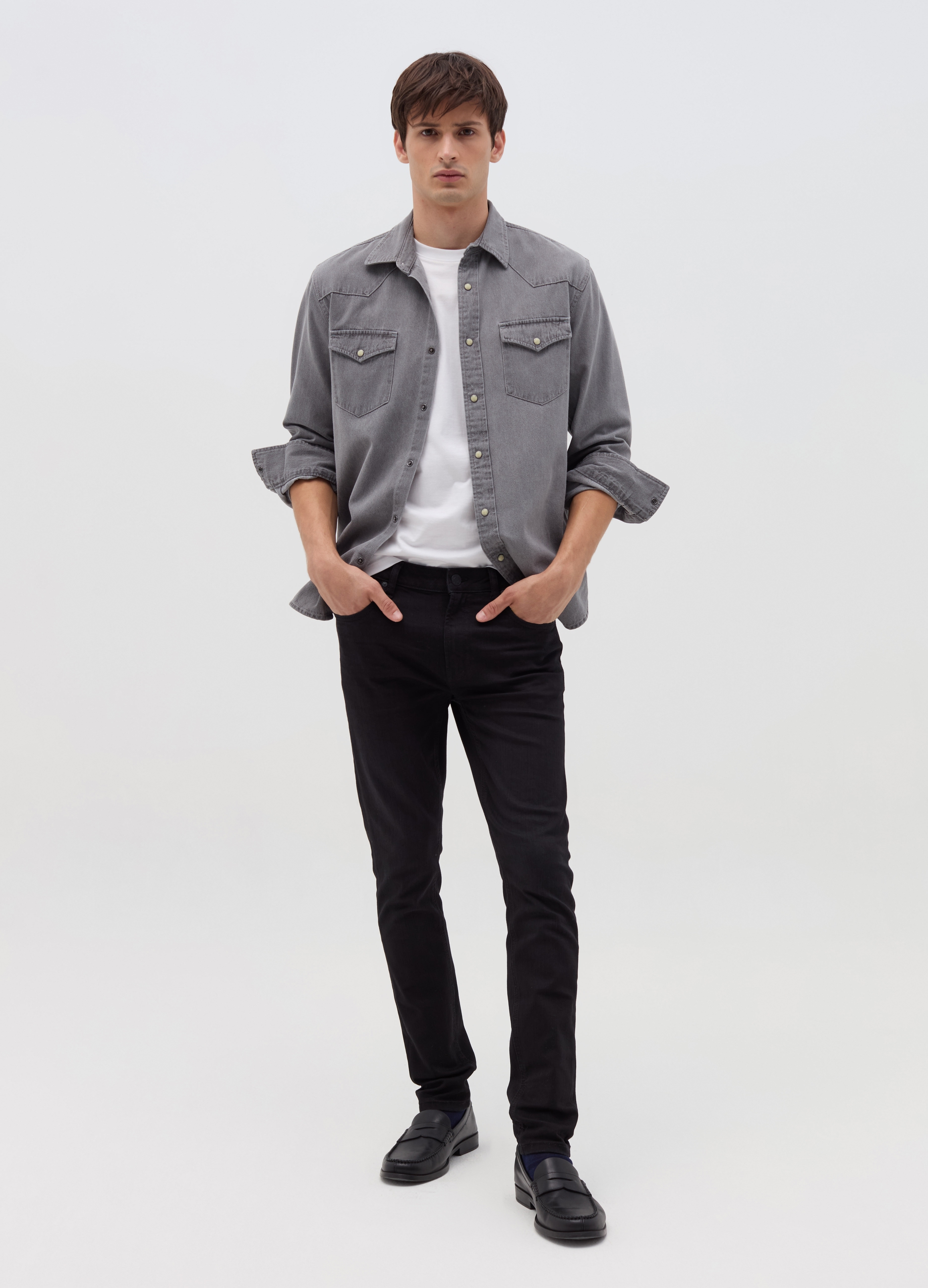 Camisa Vaquera De Denim, Hombre, Gris ahumado, Talla: M