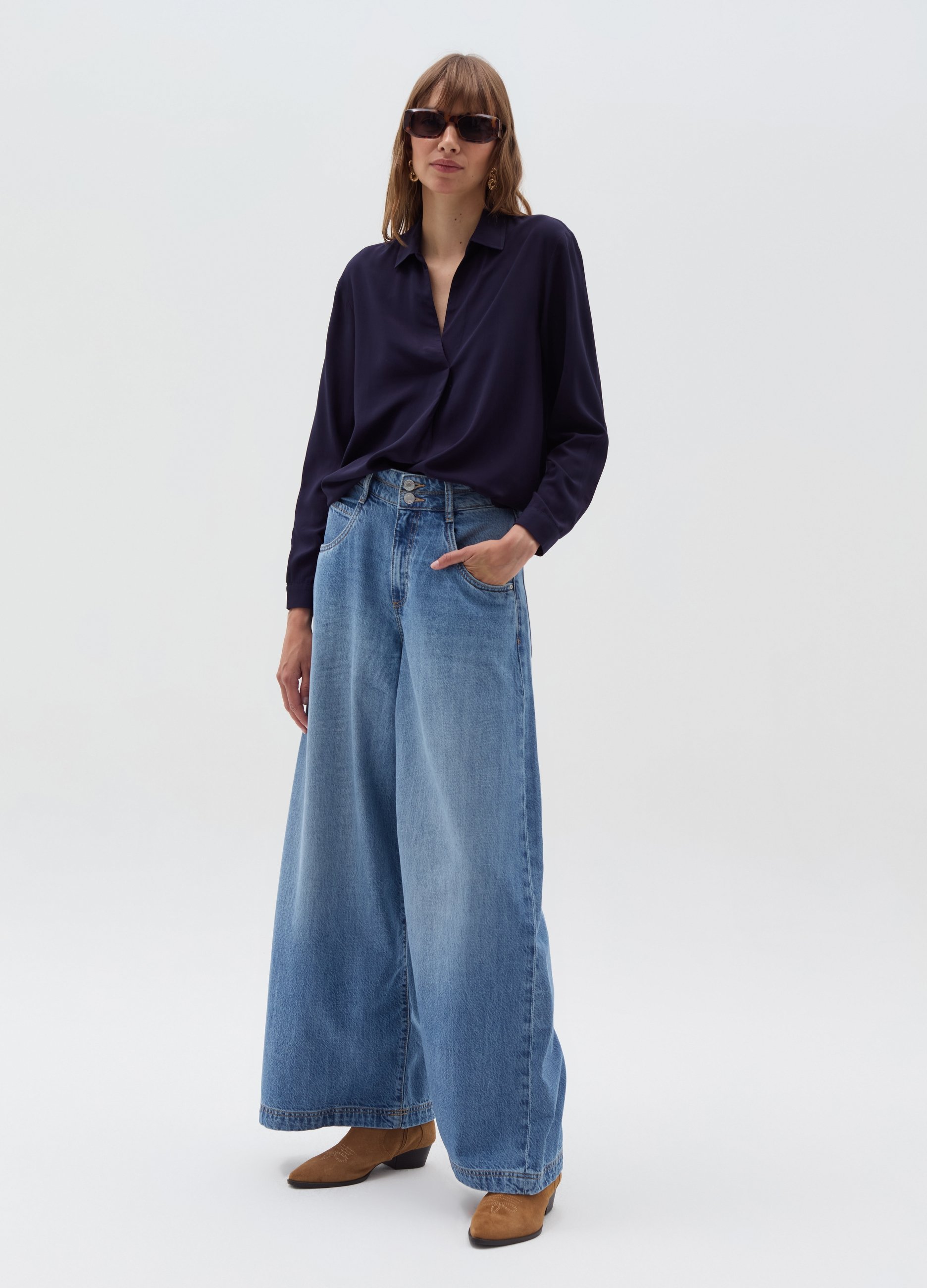 Blusa Con Cuello Tipo Polo Manga Larga, Mujer, Azul marino, Talla: 36