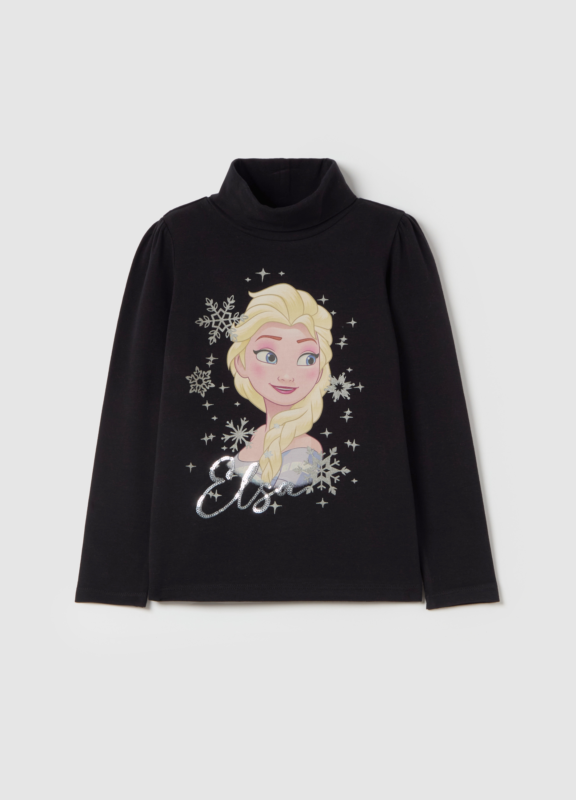 OVS KIDS, T-shirt A Collo Alto Con Stampa Elsa E Strass, Bambina, Nero, Taglia: 3-4