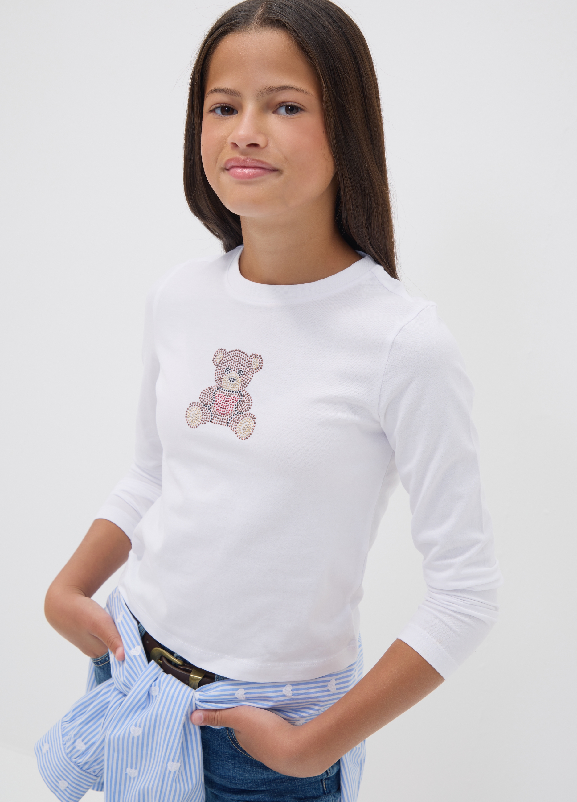 OVS KIDS, T-shirt Bianca In Puro Cotone Con Girocollo E Stampa Orsetto Per Ragazza, Bambina, Bianco, Taglia: 14-15