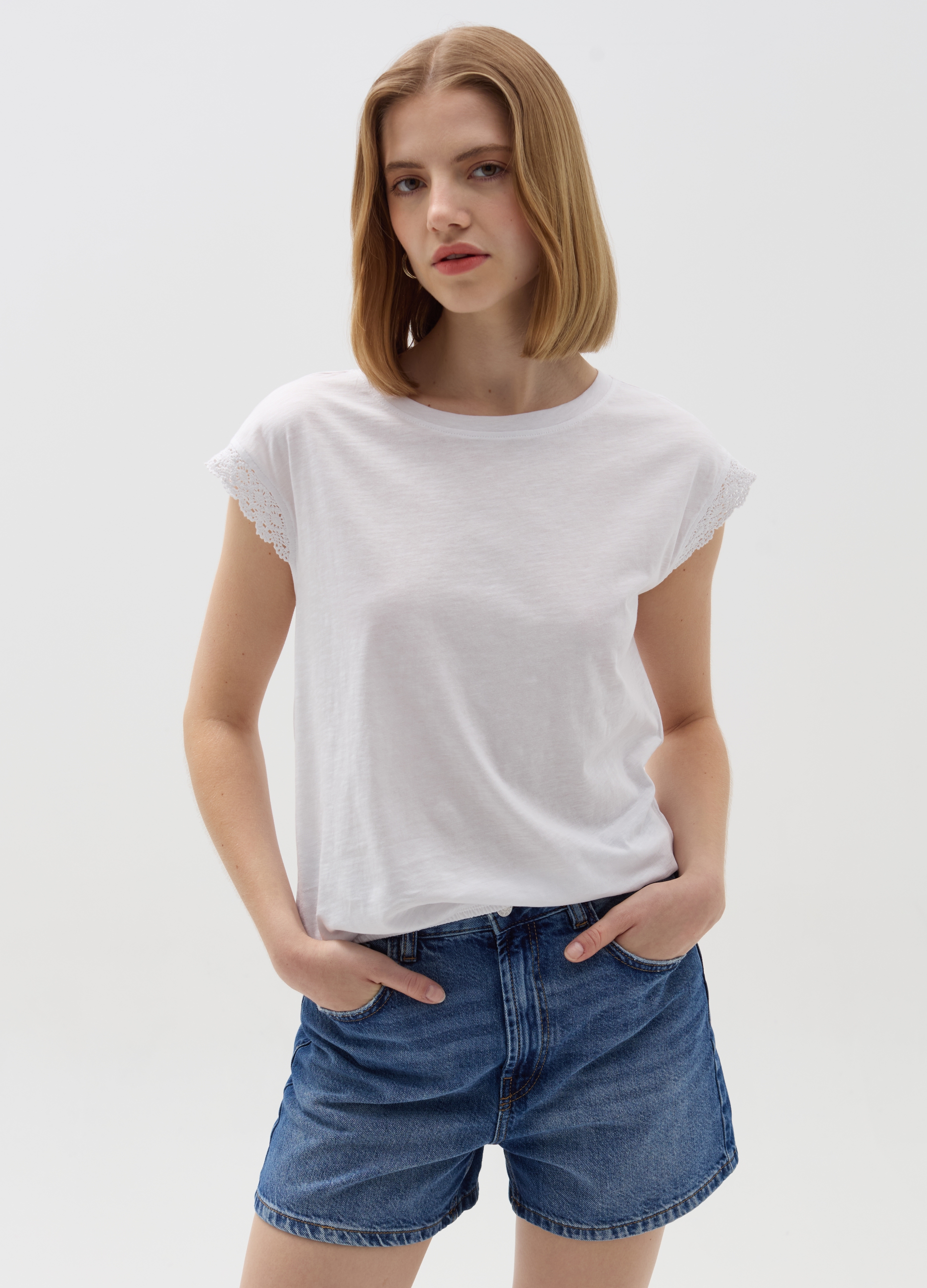 OVS , T-shirt Maniche A Kimono Con Inserto Crochet, Donna, Bianco, Taglia: M