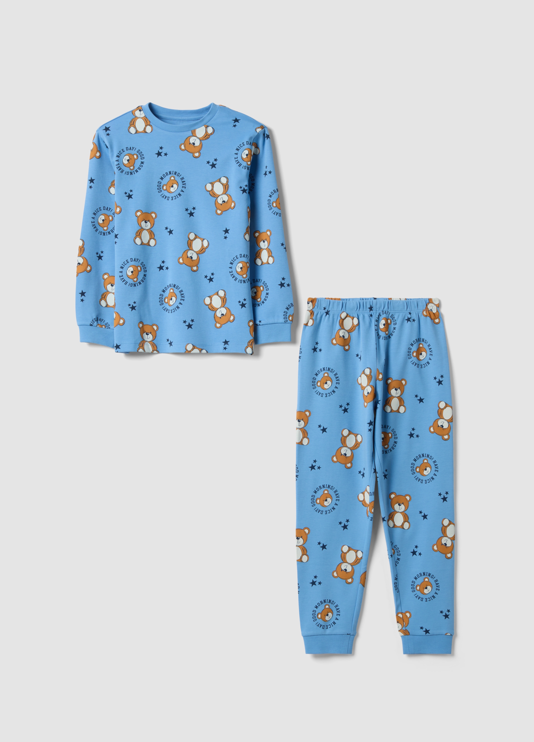 OVS KIDS, Pigiama Azzurro In Puro Cotone Organico Con Stampa Orsetti, Bambino, Azzurro, Taglia: 9-10