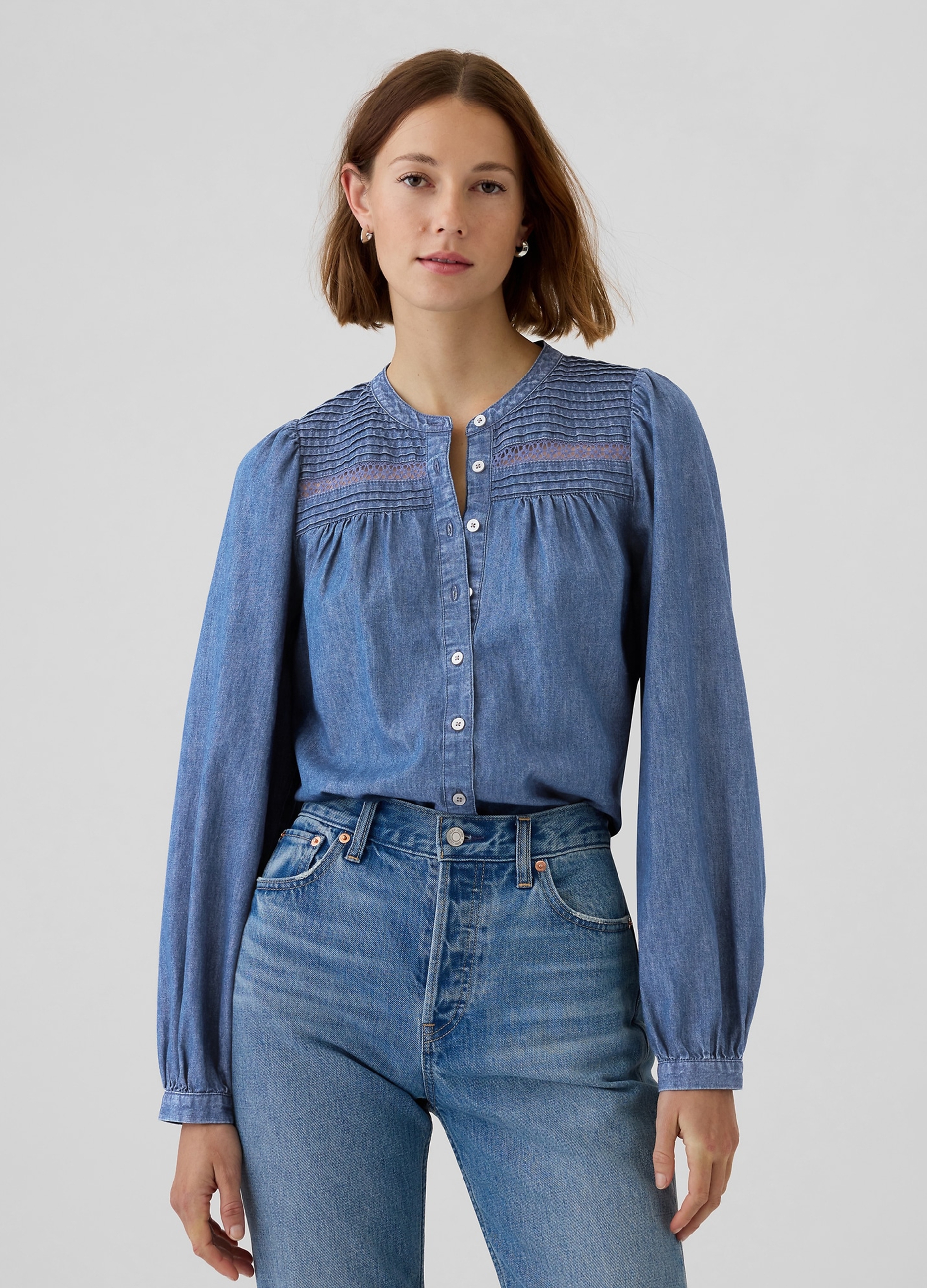 GAP, Camicia In Denim Con Dettagli Lavorati, Donna, Denim, Taglia: XXS