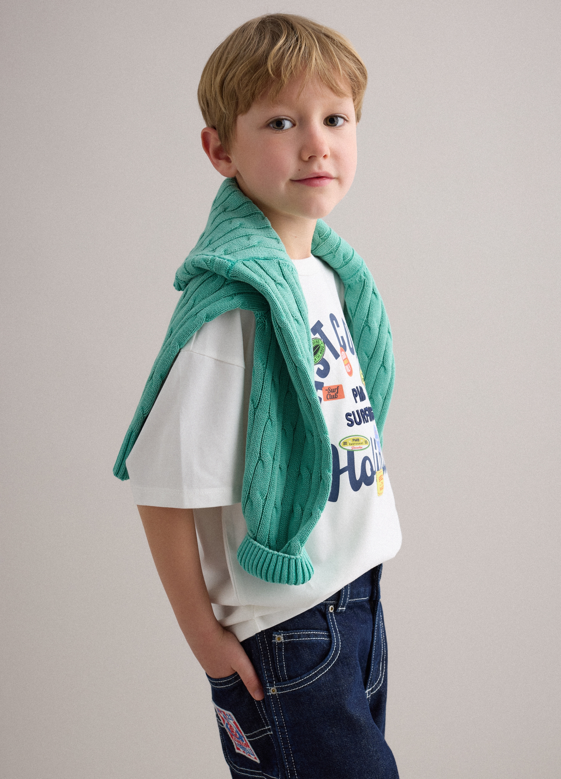 PIOMBO KIDS, Camiseta De Algodón Elástico Blanca Para Niños, Ajuste Oversize, Niño, Blanco óptico, Talla: 10