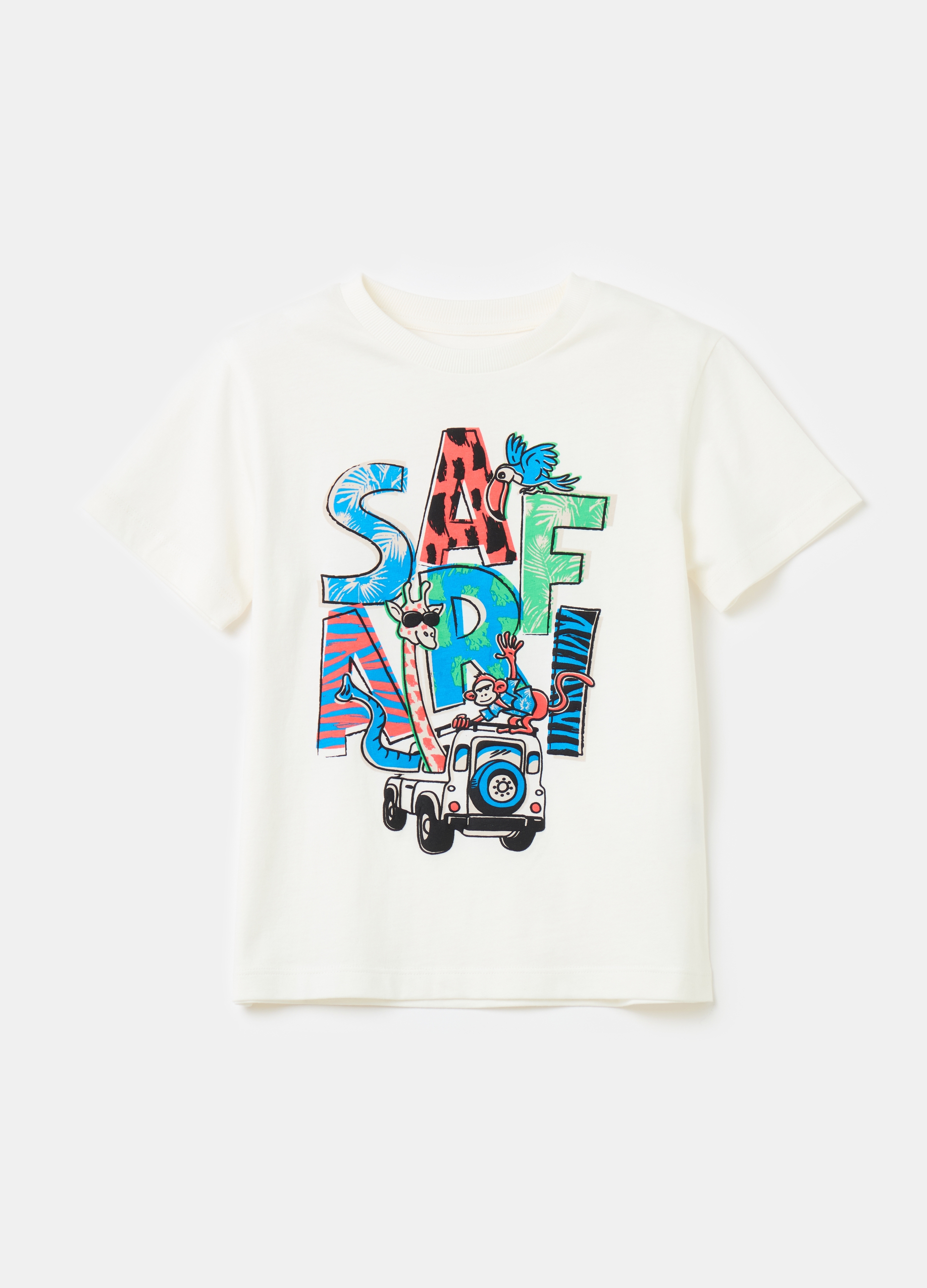 OVS, T-shirt In Cotone Con Stampa Safari, Bambino, Bianco, Taglia: 3-4