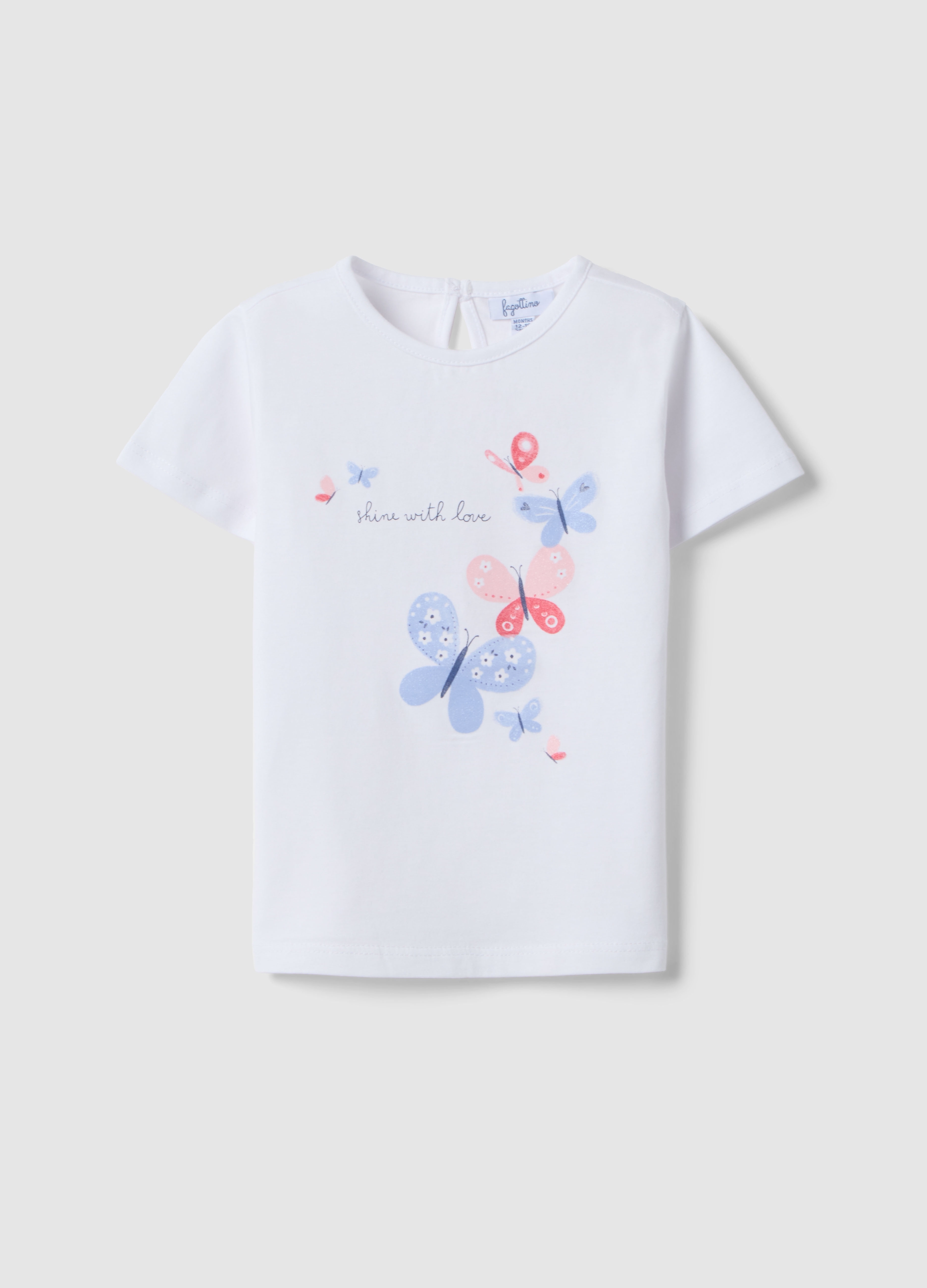 FAGOTTINO, Camiseta Blanca De Algodón Puro Para Niñas Corte Regular Con Mariposas, Niña, Blanco óptico, Talla: 24-30