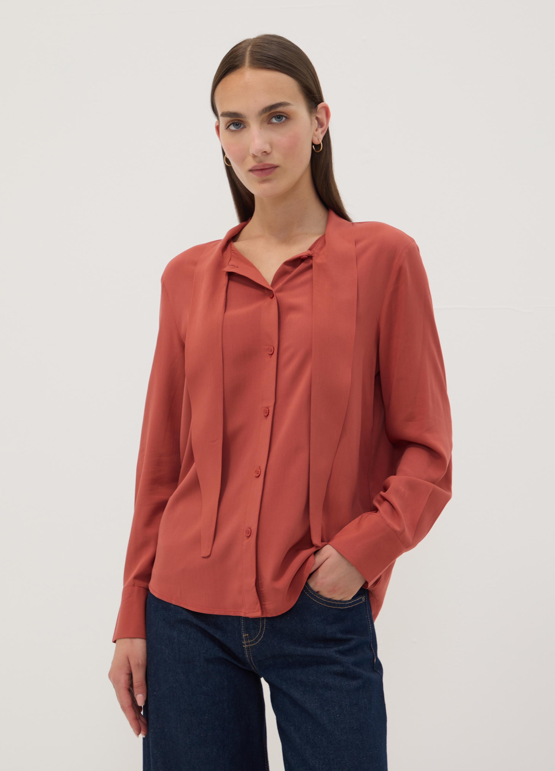 OVS, Camicia Rossa In Pura Viscosa Con Fiocco Al Collo Regular Fit, Donna, Rosso, Taglia: 48