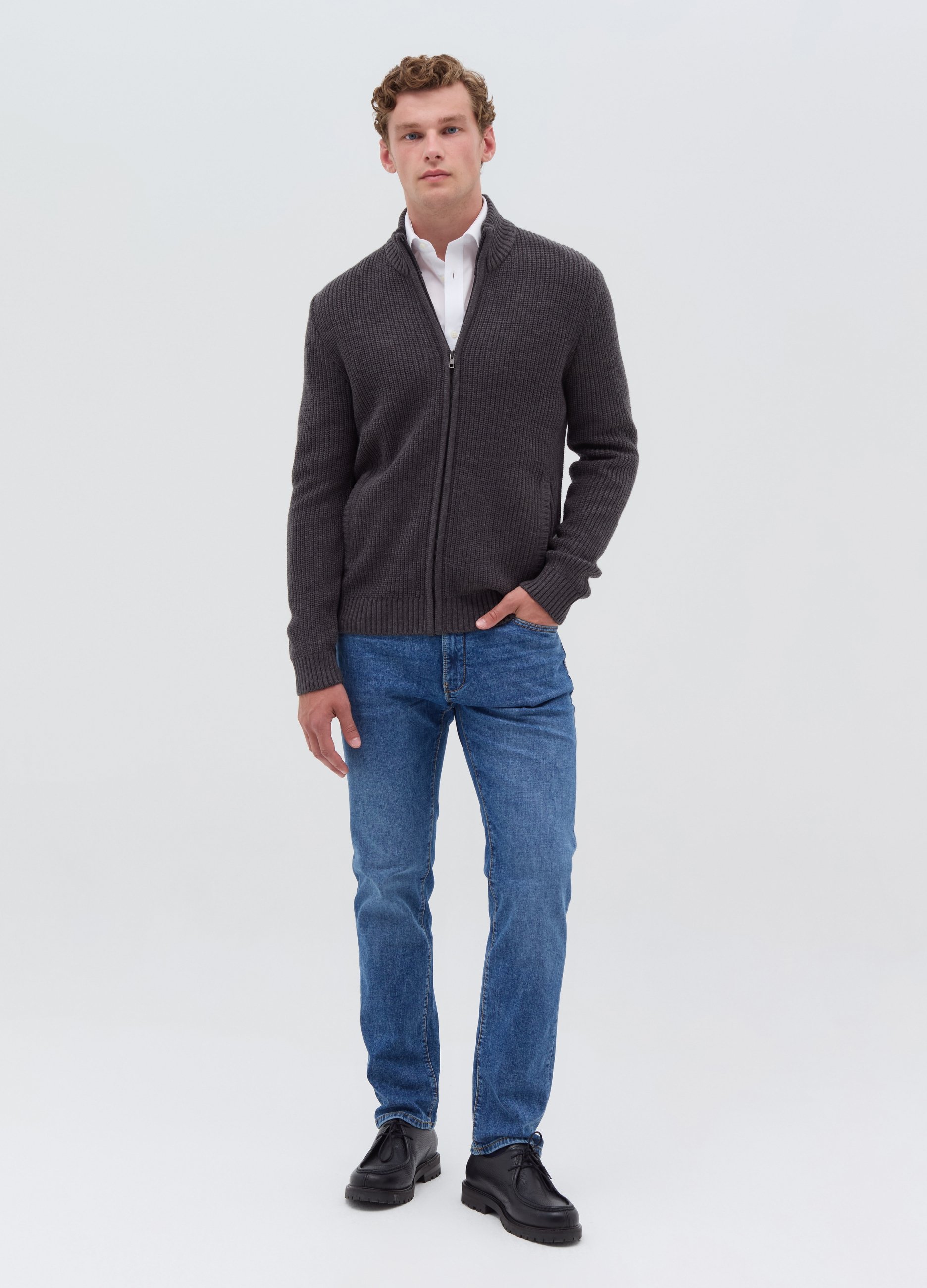 Cárdigan Con Cremallera Con Cuello Alto, Hombre, Gris pizarra, Talla: M