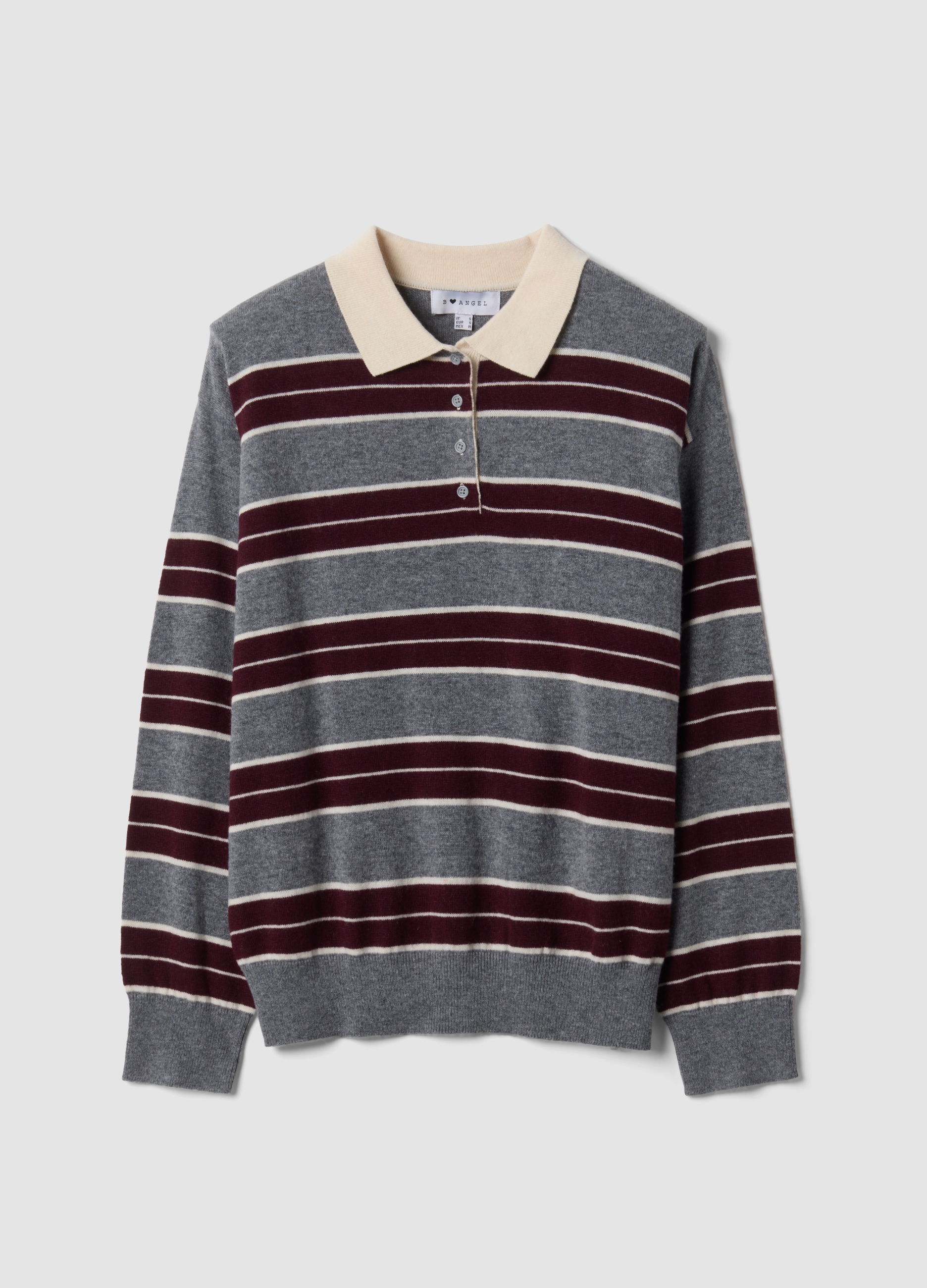 B.ANGEL, Maglia Grigia In Misto Lana A Righe Con Colletto Polo, Donna, Grigio, Taglia: XS