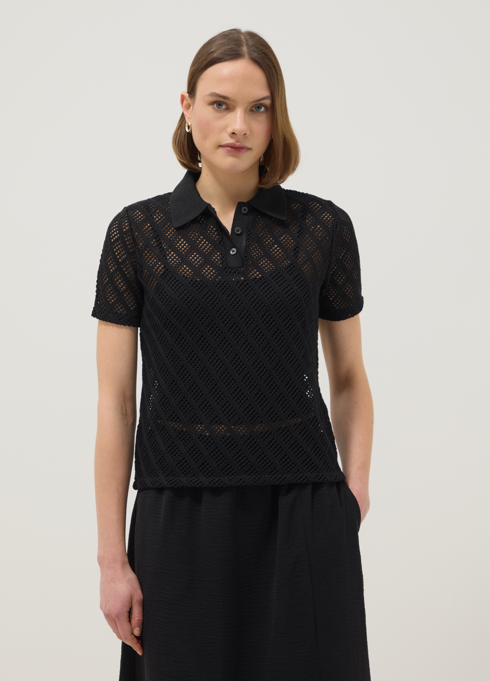 Polo Negro Ajuste Regular Con Textura De Malla, Mujer, Gunmetal, Talla: 42
