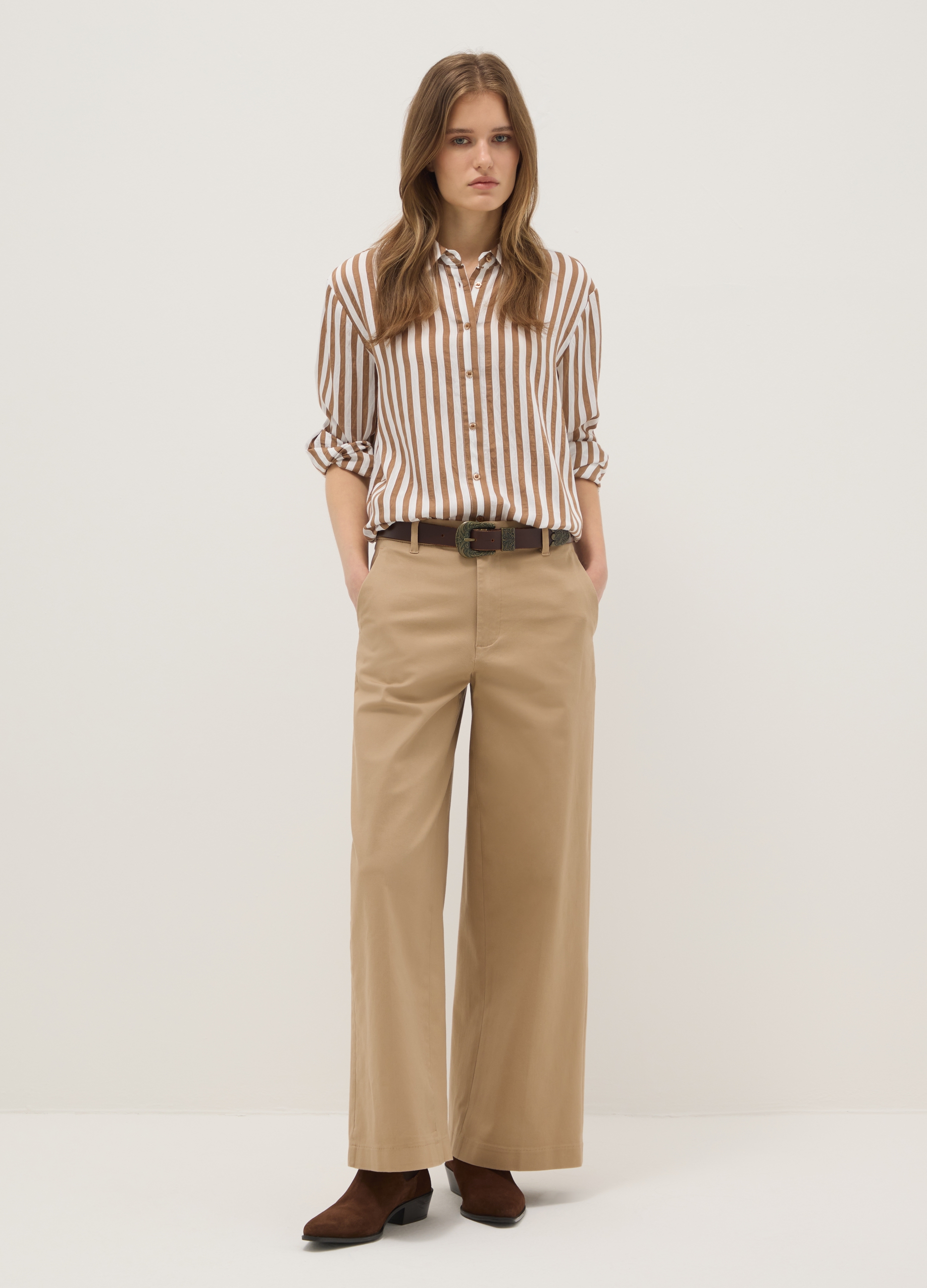 Pantalón Chino Beige De Algodón Elástico Corte Regular, Mujer, Beige Jaspeado, Talla: 42