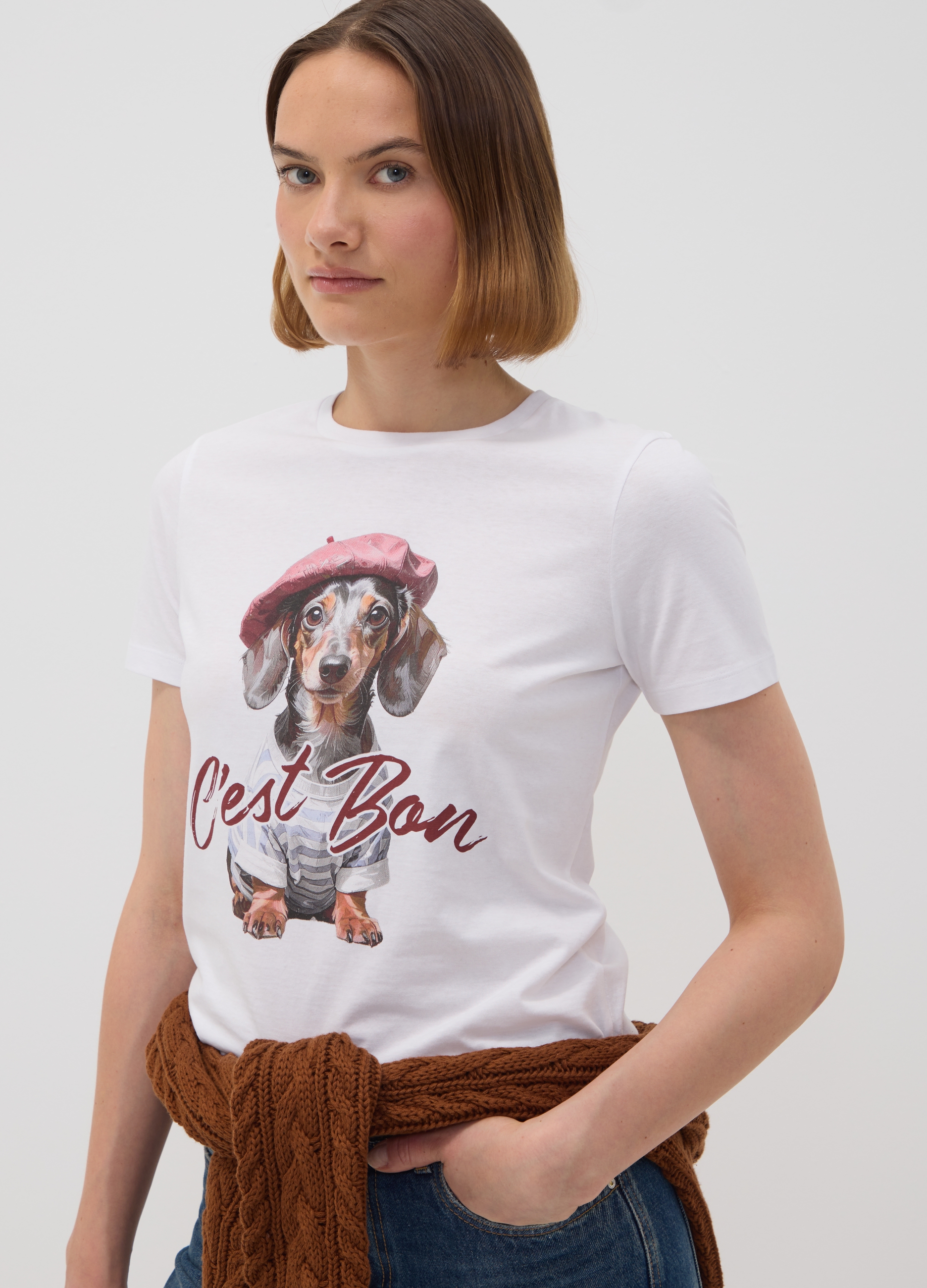 OVS, T-shirt Bianca In Puro Cotone Jersey E Stampa Cagnolino Regular Fit, Donna, Bianco, Taglia: M