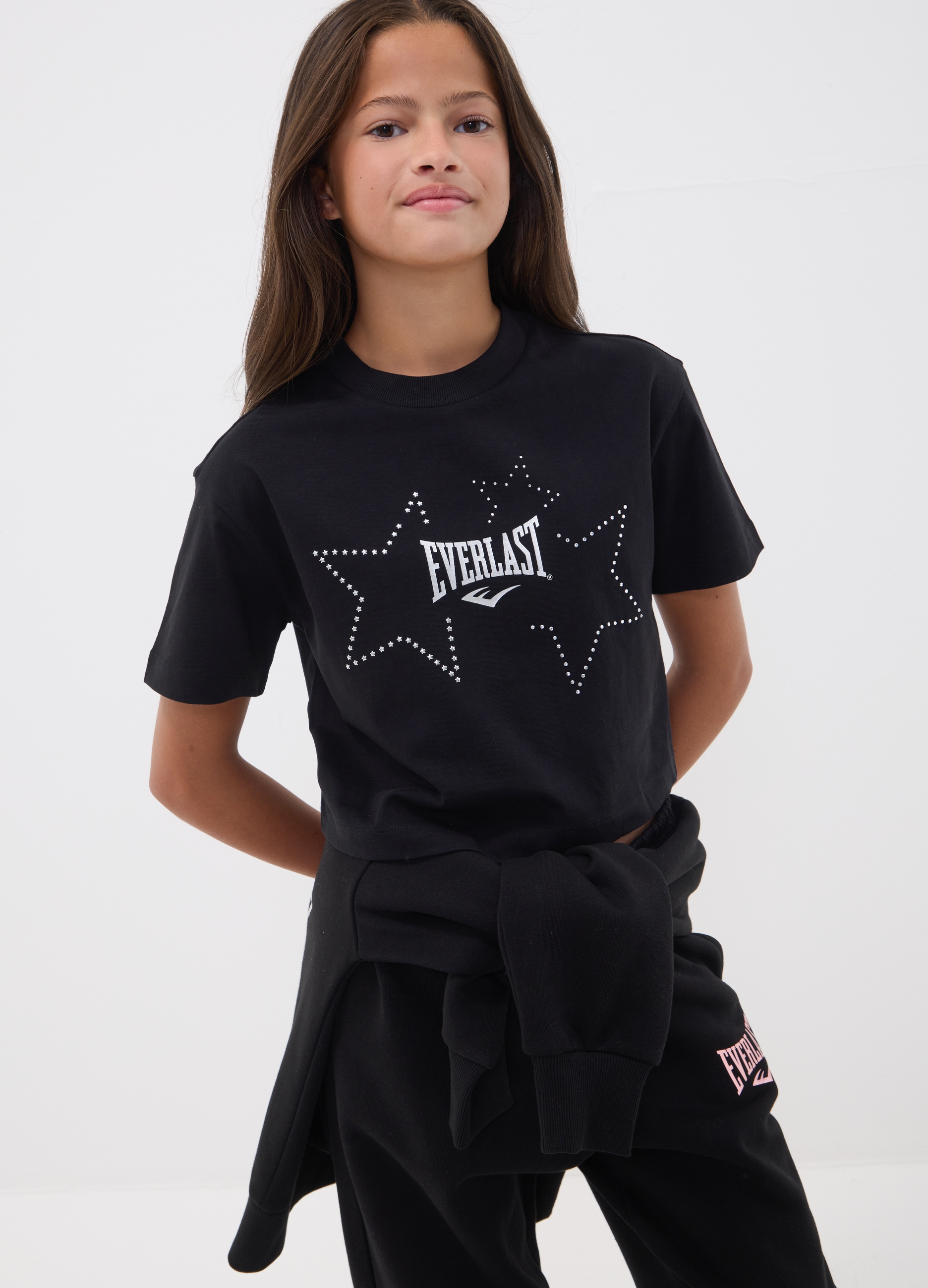 EVERLAST, T-shirt Nera Cropped In Puro Cotone Con Stelle Applicate Per Ragazza, Unisex, Nero, Taglia: 10-11