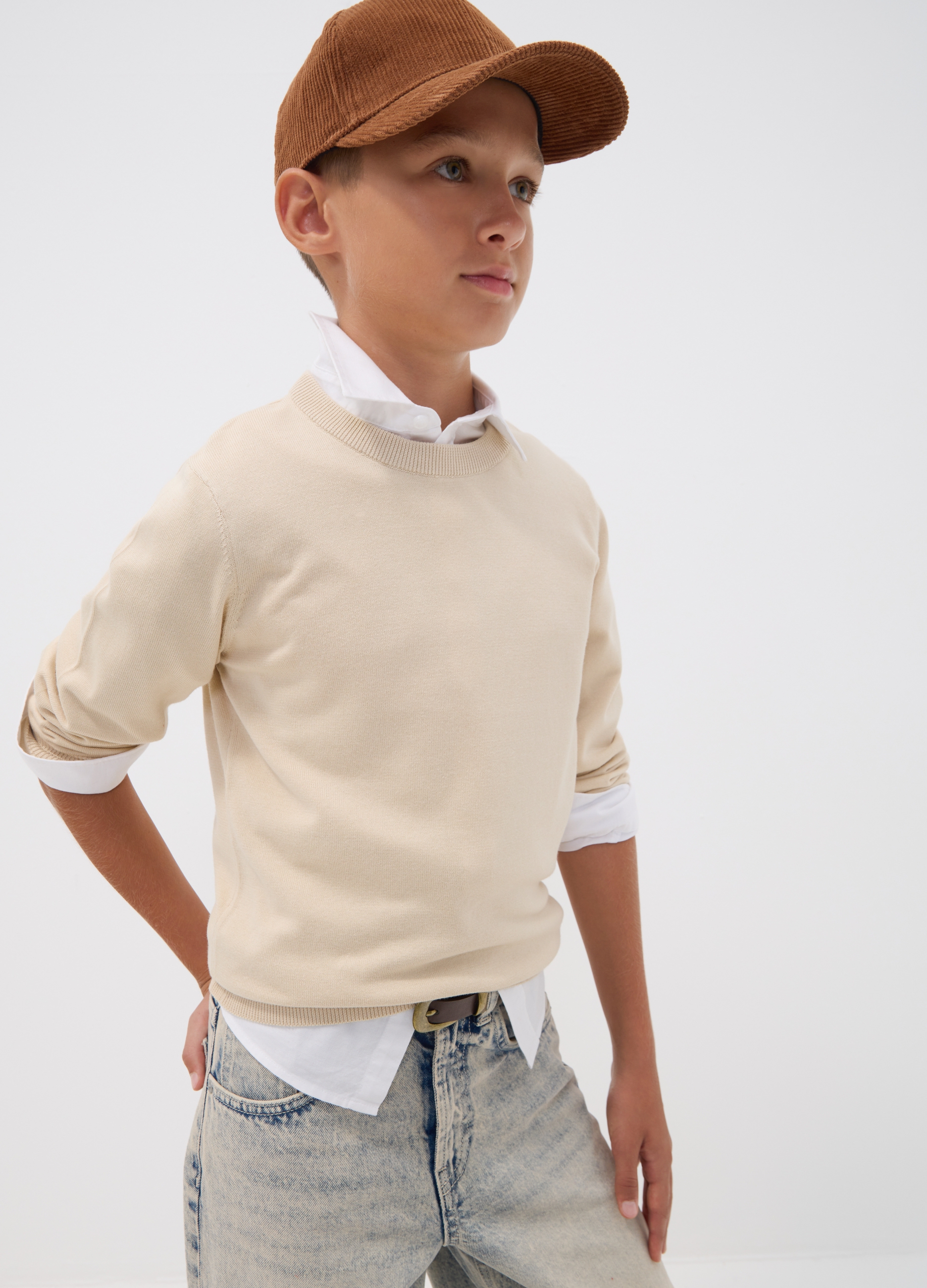 OVS KIDS, Maglia Beige In Puro Cotone A Maniche Lunghe Regular Fit Per Ragazzo, Bambino, Beige, Taglia: 14-15