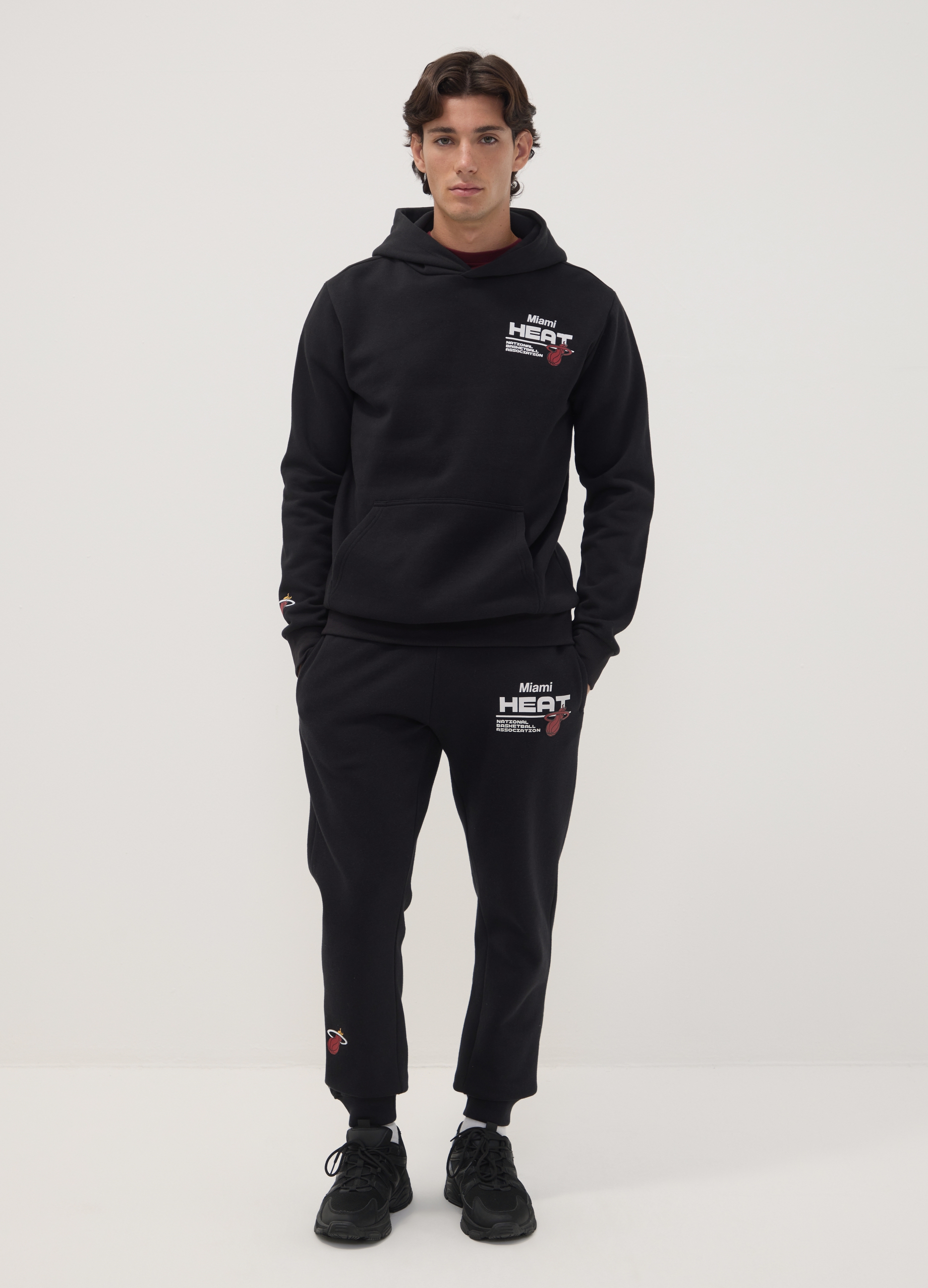 NBA, Pantaloni Sportivi Neri In Misto Cotone Con Stampa Miami Heat, Uomo, Nero, Taglia: M