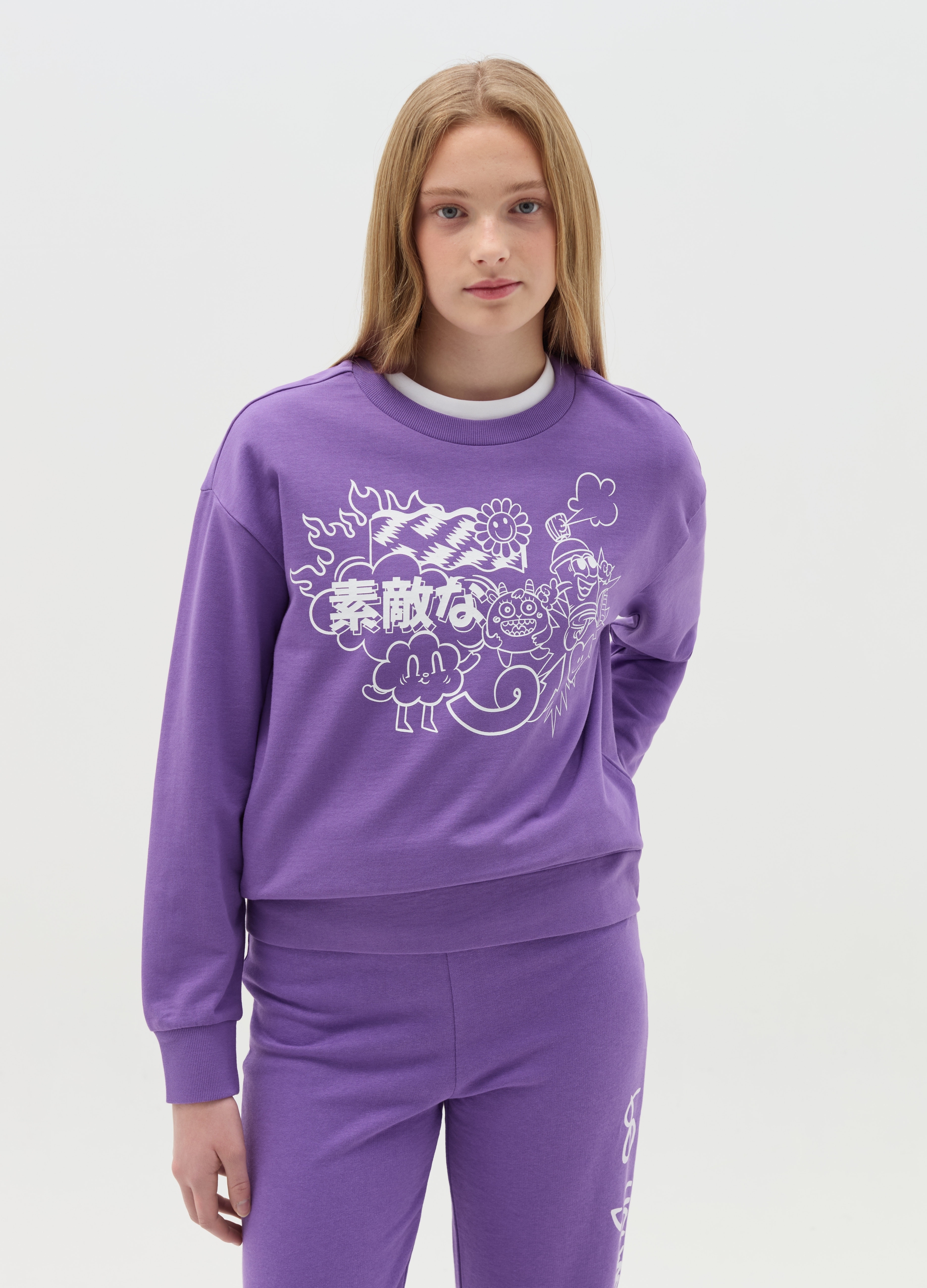 OVS KIDS, Felpa In French Terry Con Stampa, Bambina, Viola, Taglia: 10-11