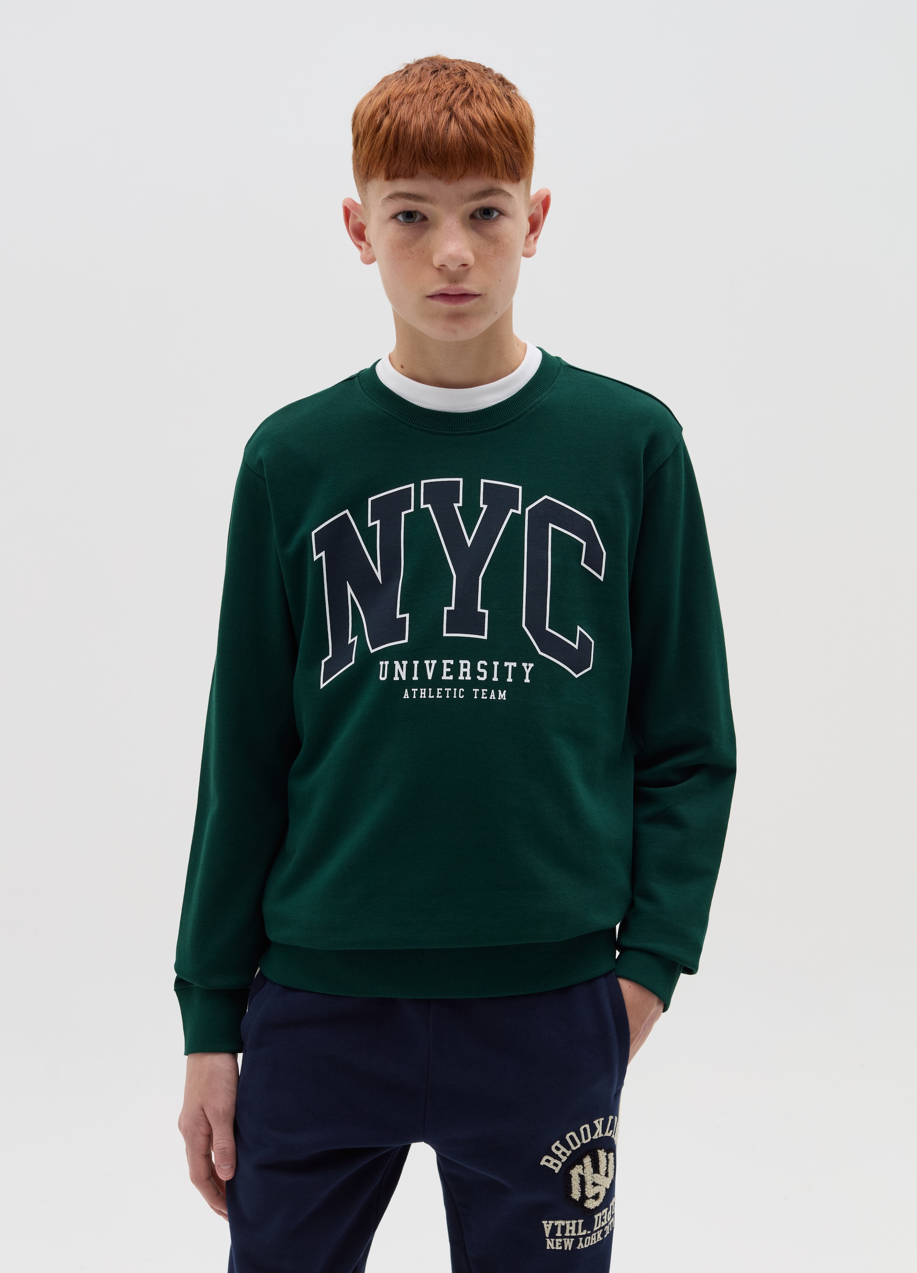 OVS KIDS, Felpa In French Terry Stampa "nyc University", Bambino, Verde, Taglia: 13-14