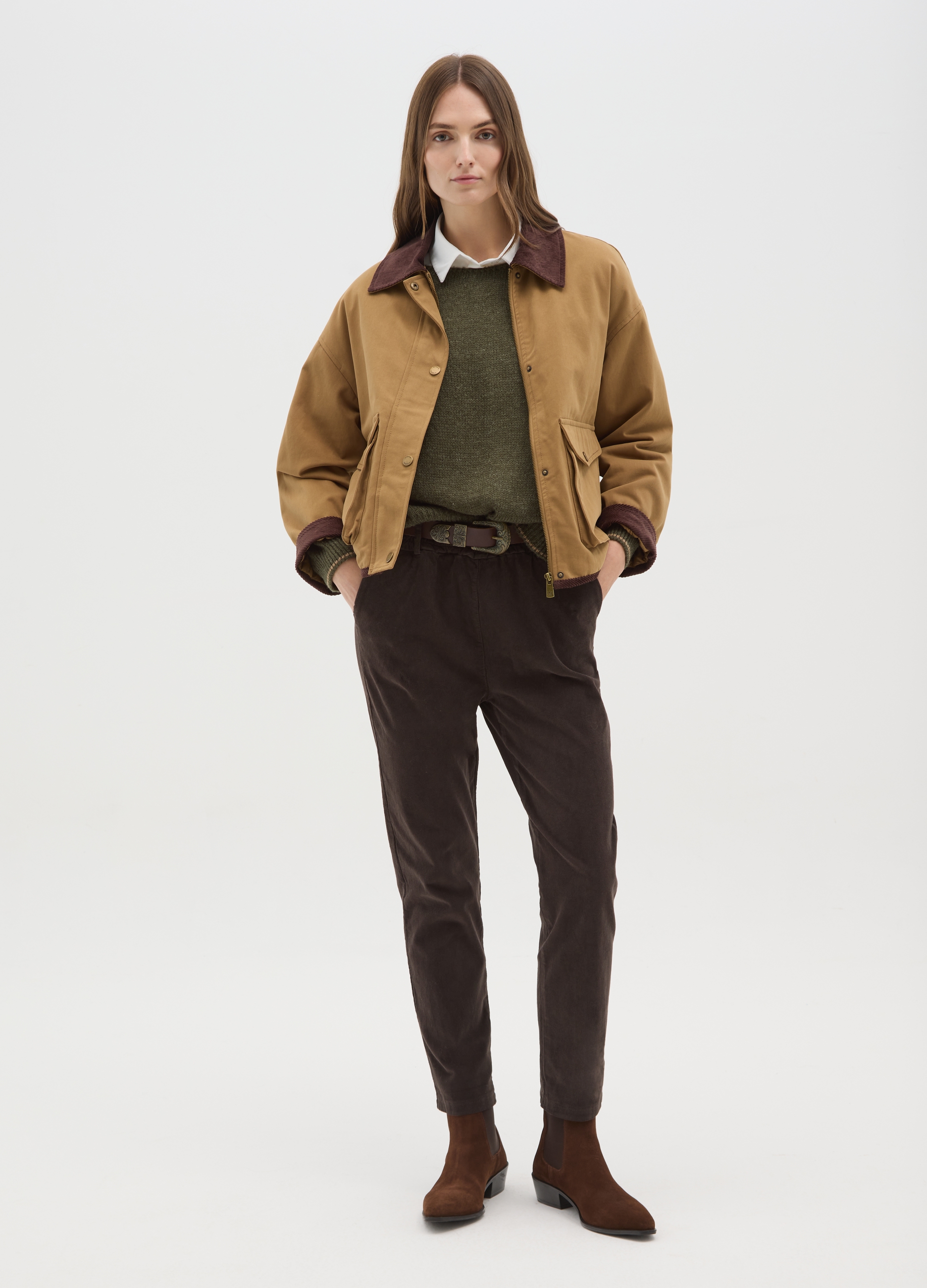 HYBRID, Pantaloni In Cotone Elasticizzato Marrone Regular Fit, Donna, Marrone, Taglia: S