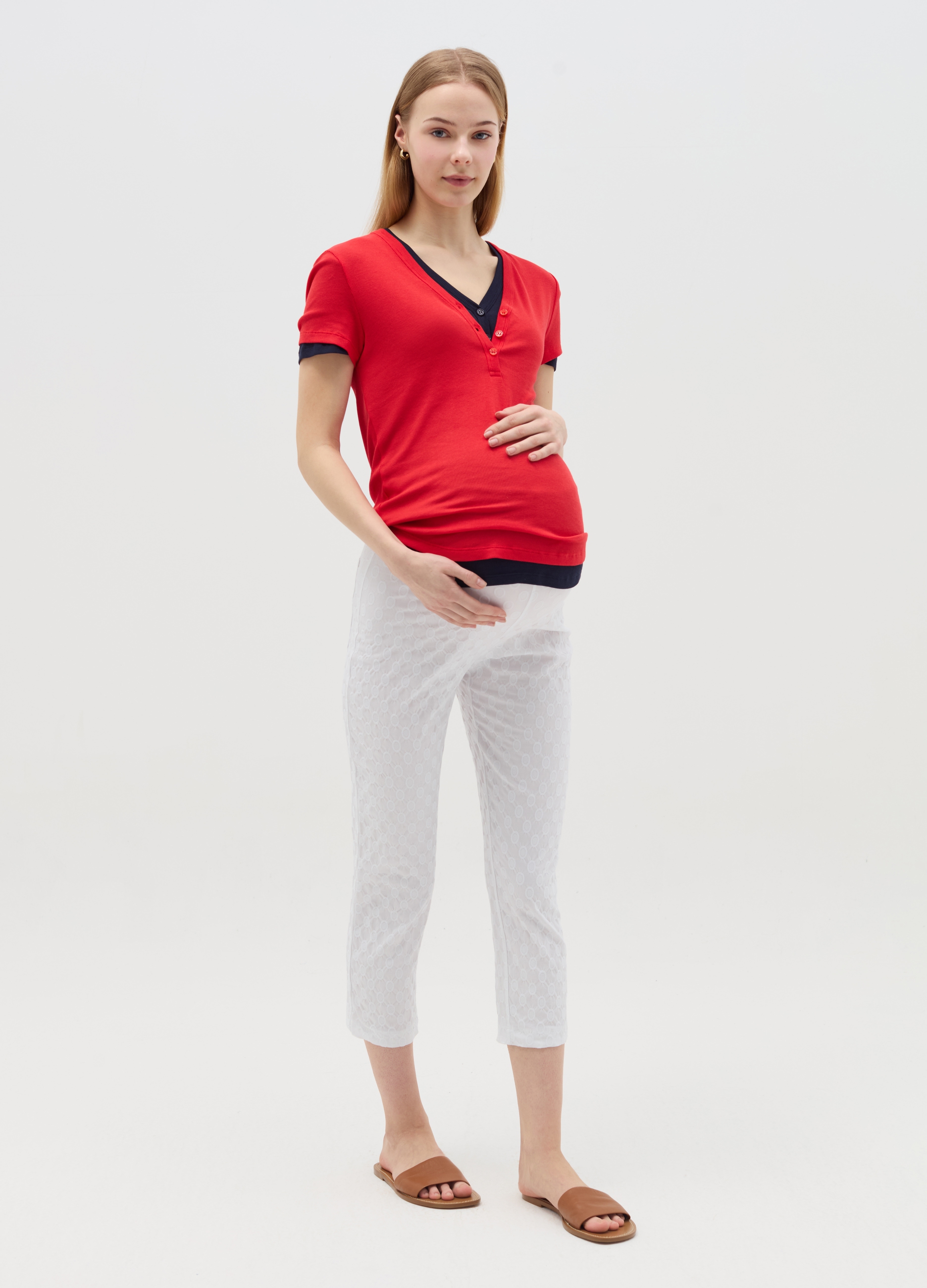 NICOL CARAMEL, Treggings Cropped Premaman Con Motivo A Cerchi, Donna, Bianco, Taglia: 38