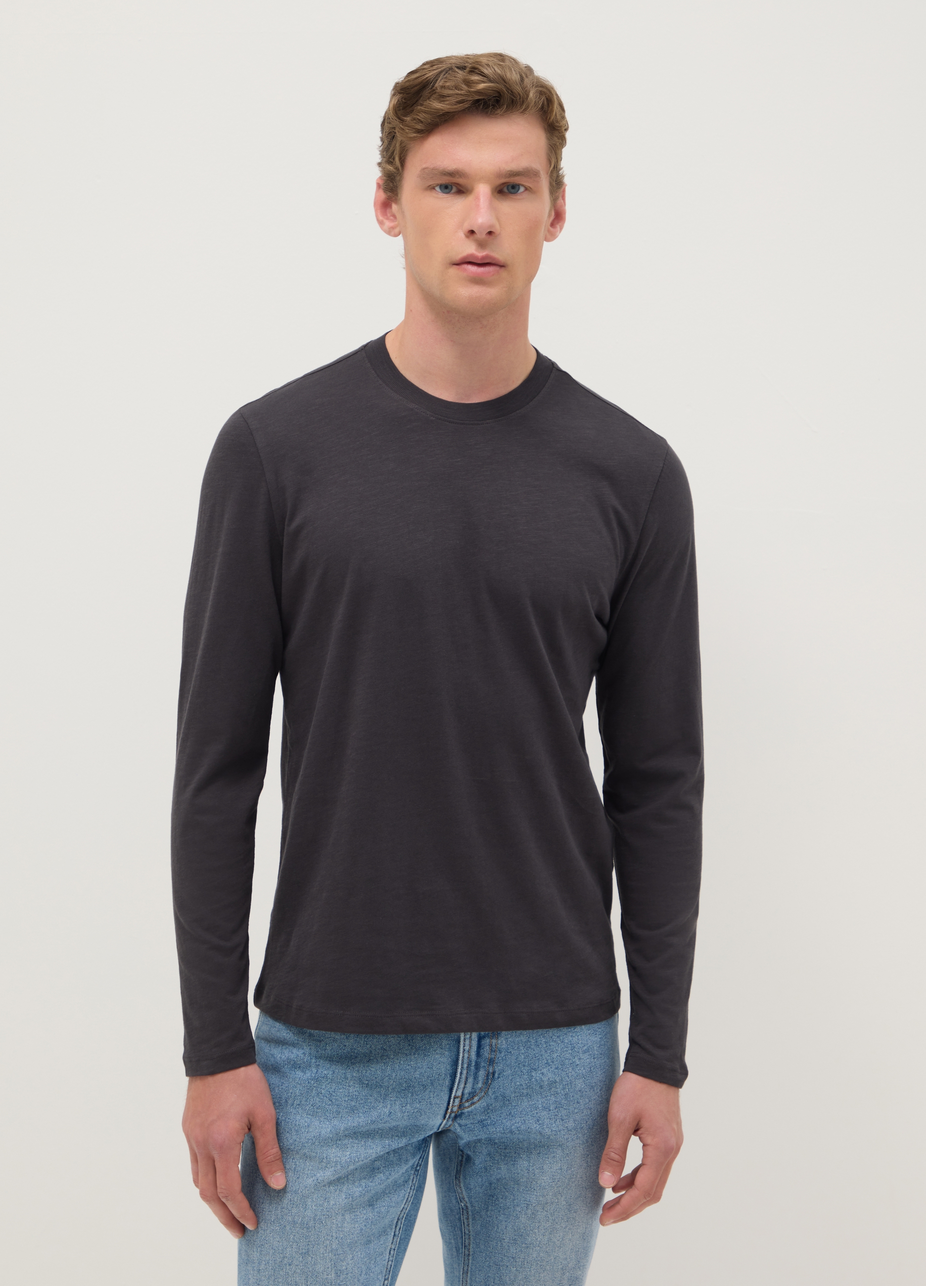 Camiseta Gris De Manga Larga En Puro Algodón Corte Regular, Hombre, Gris pizarra, Talla: XL