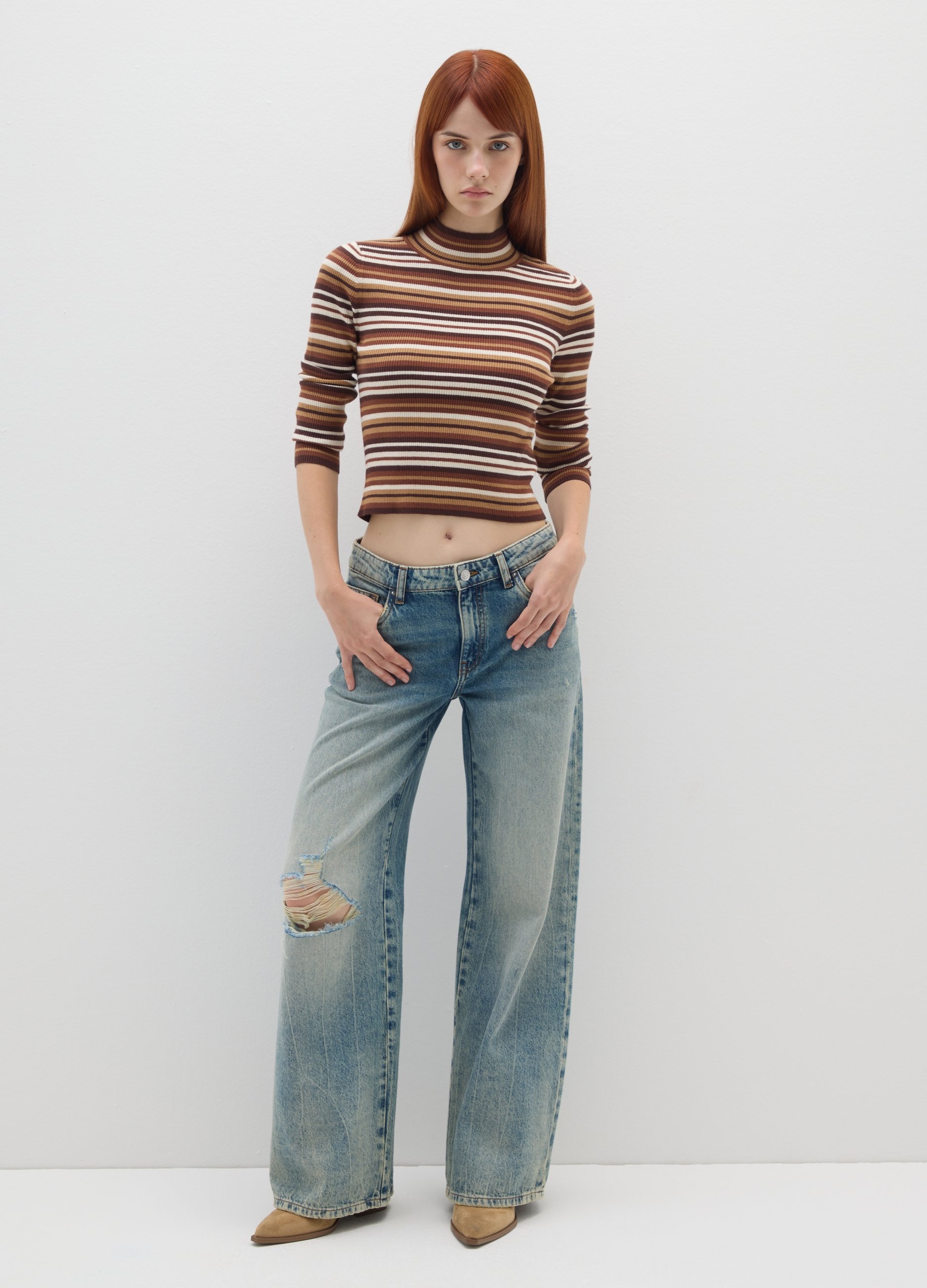 Maglione Marrone A Righe Vestibilità Fitted, Mujer, Blanco/marrón, Talla: 34