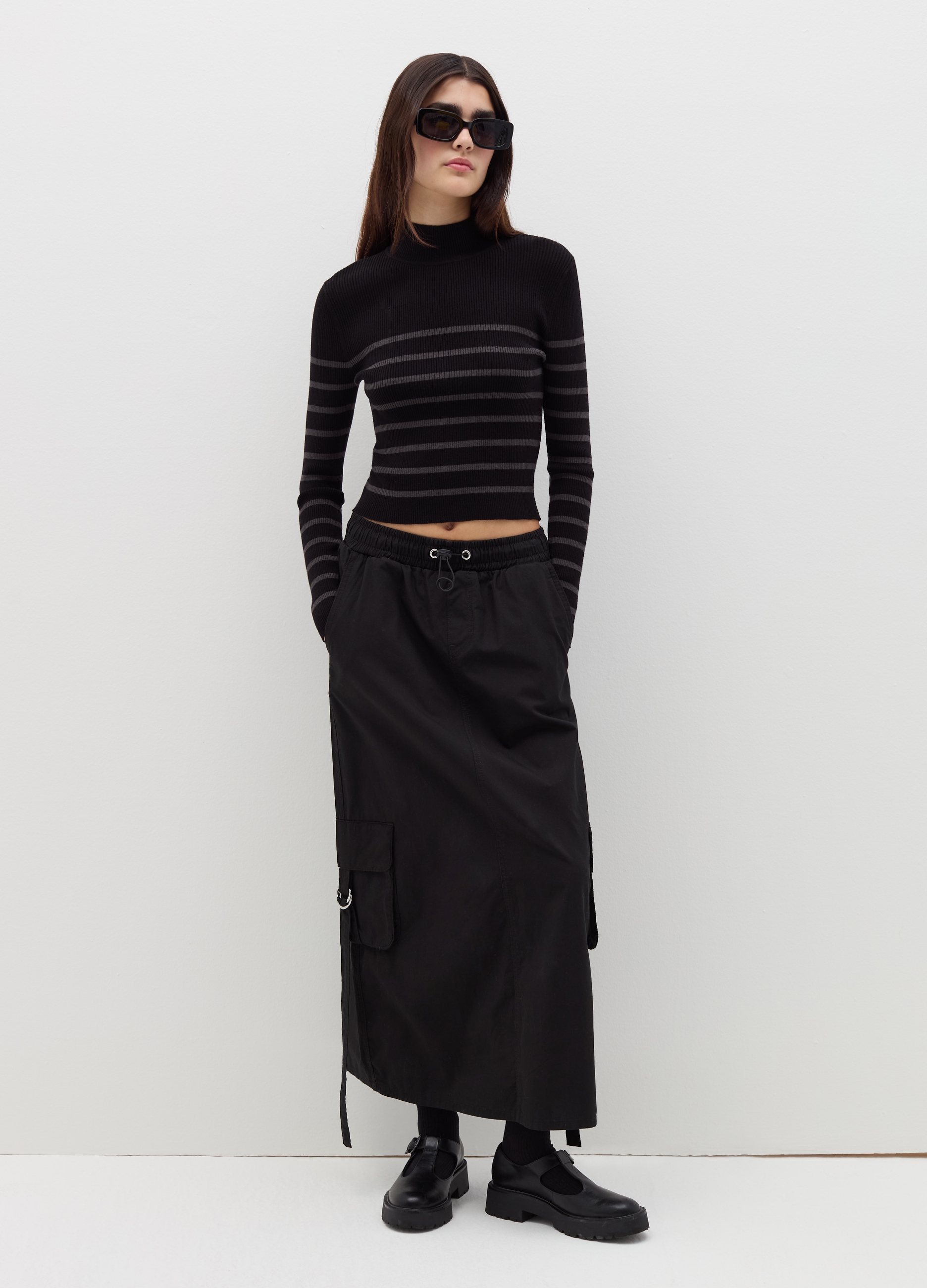 Jersey Cuello Mock De Rayas, Mujer, Negro/Gris, Talla: 34