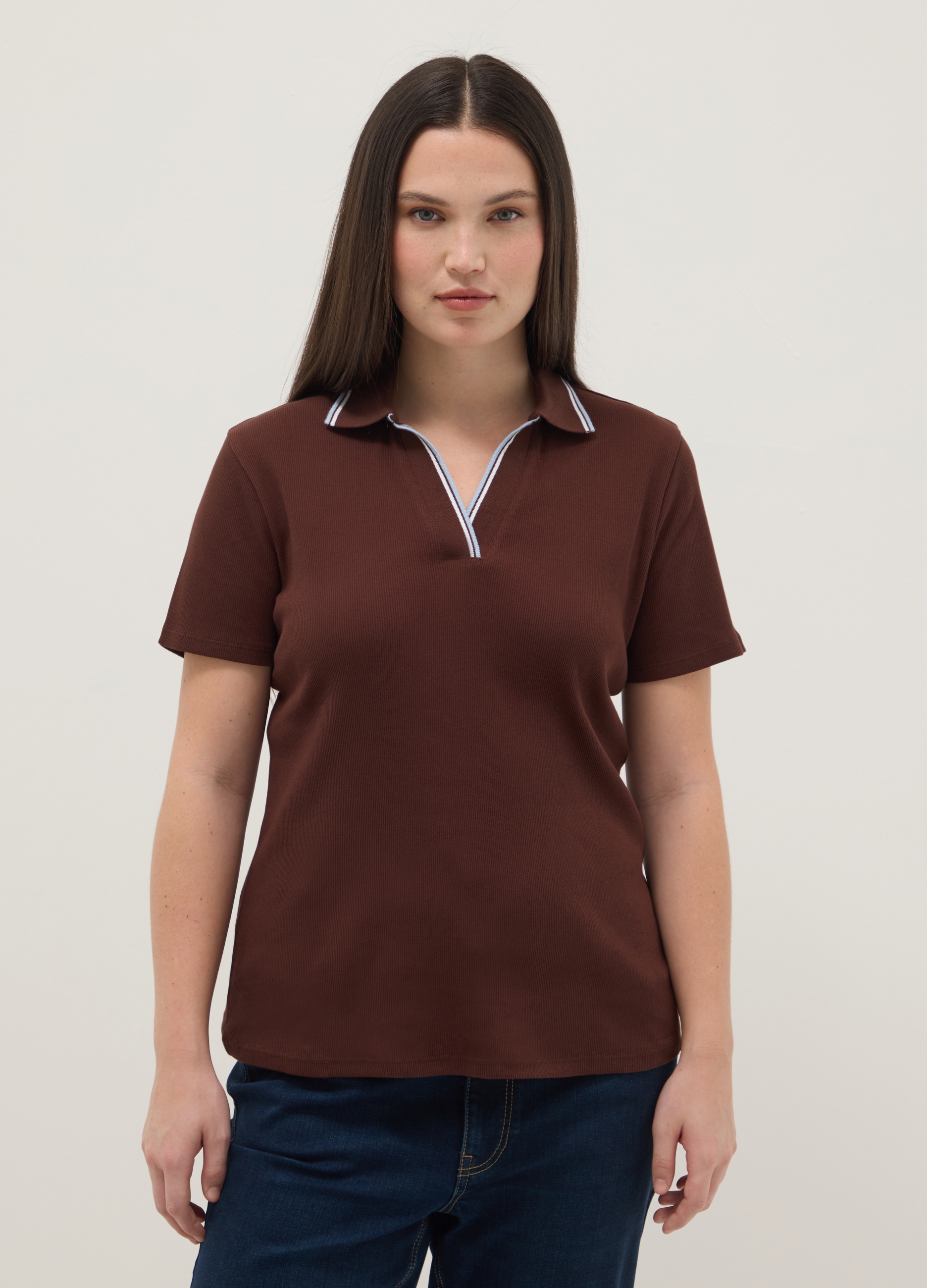 Polo De Manga Corta En Algodón Puro Marrón Regular Fit, Mujer, Marrón oscuro, Talla: XXL