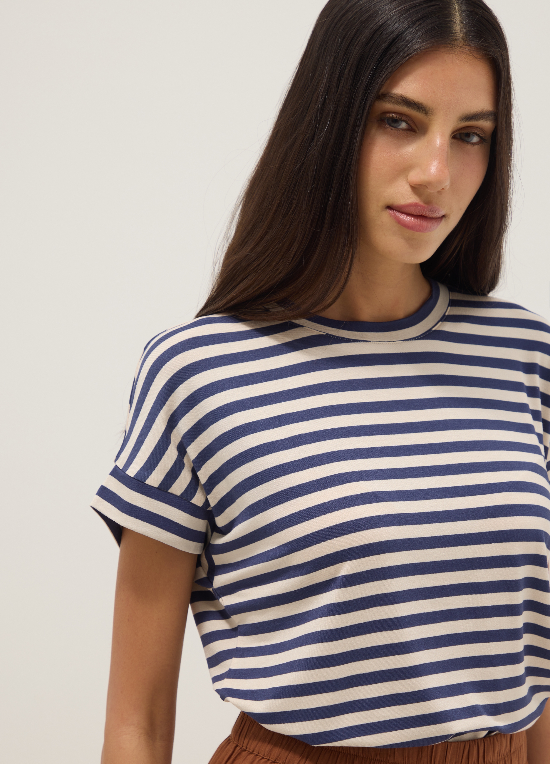 OVS, T-shirt In Viscosa Elasticizzata A Righe Multicolor Regular Fit, Donna, Multicolor, Taglia: L