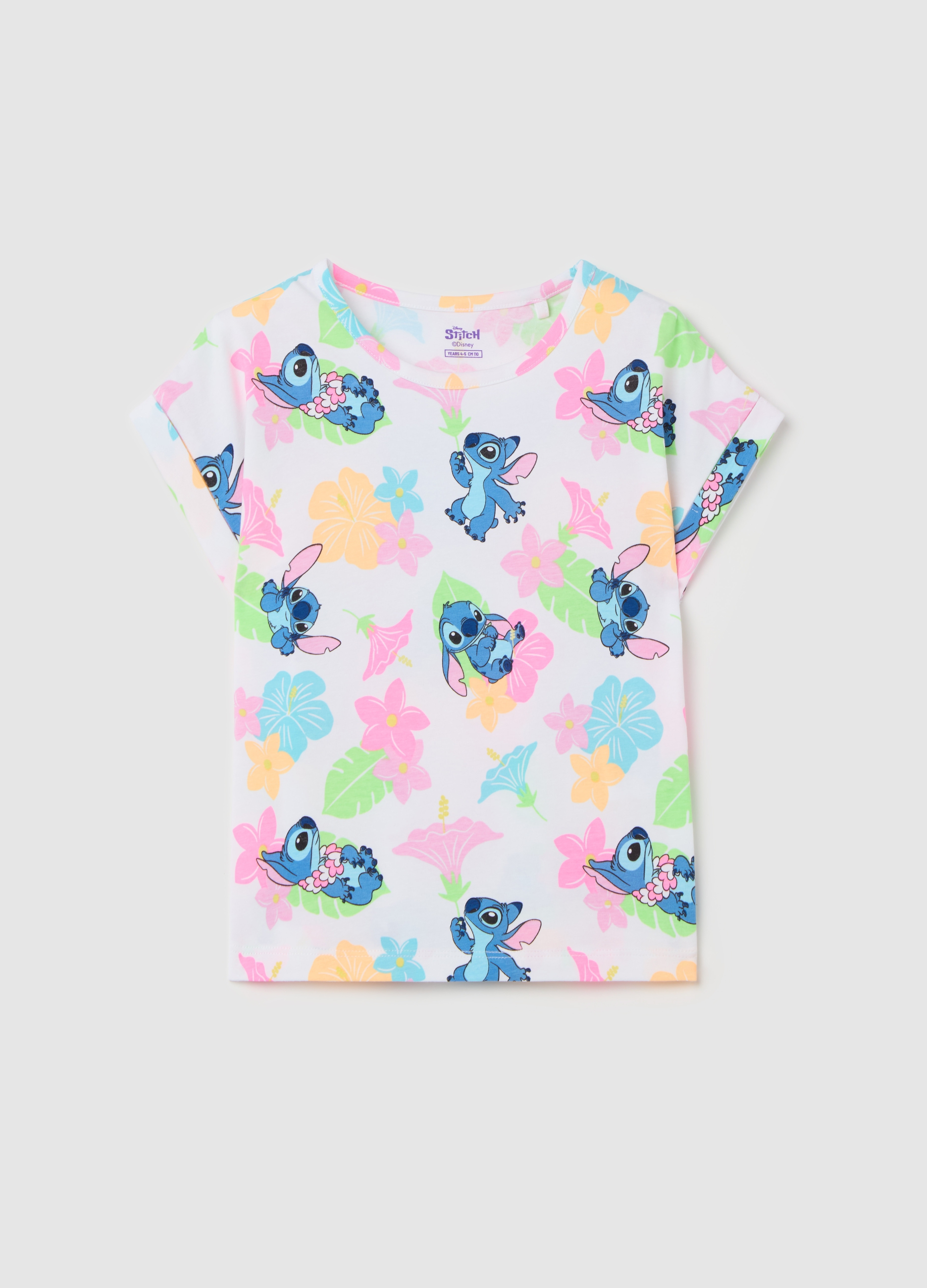 OVS, T-shirt In Cotone Stretch Con Stampa Stitch, Bambina, Bianco, Taglia: 4-5