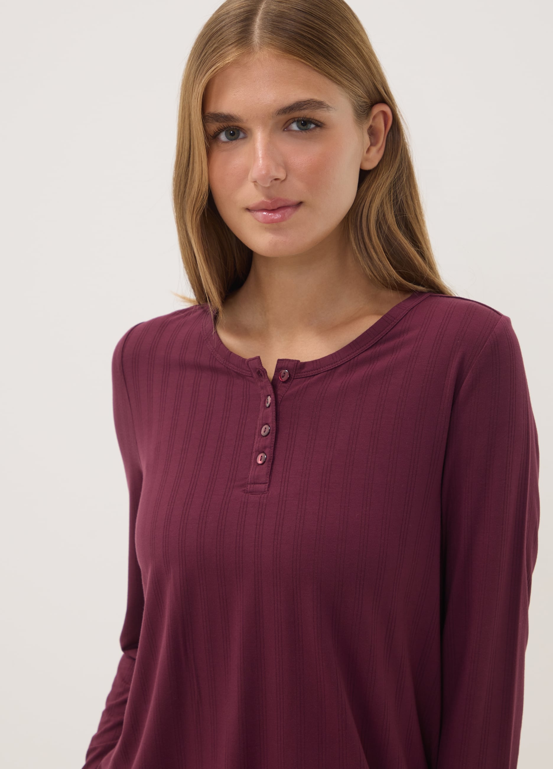 OVS, Maglia Pigiama Rossa In Viscosa Elasticizzata A Costine, Donna, Rosso, Taglia: L